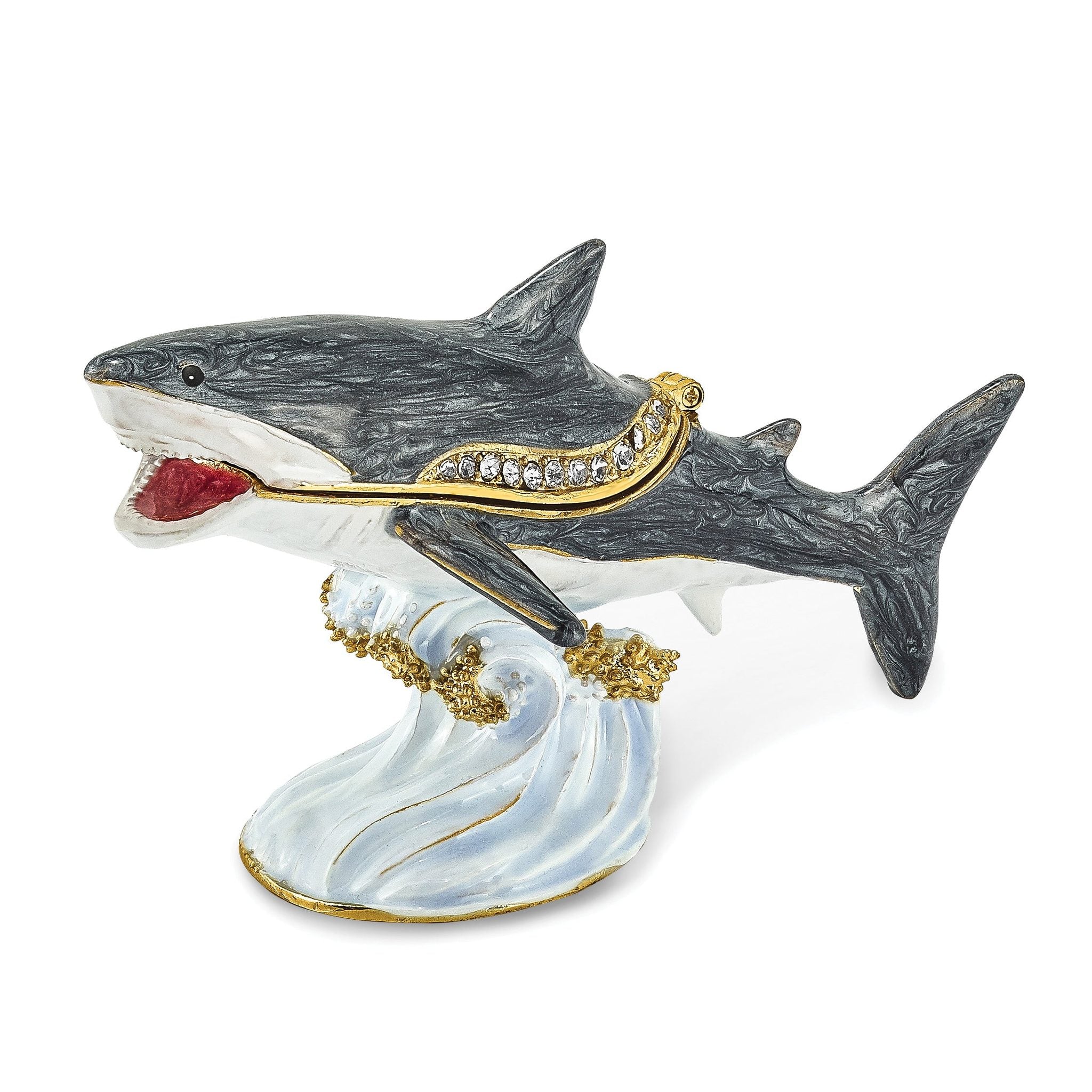 Luxury Giftware Pewter Bejeweled Crystals Gold-tone Enameled ACE Great White Shark Trinket Box with Matching 18 Inch Necklace Main image