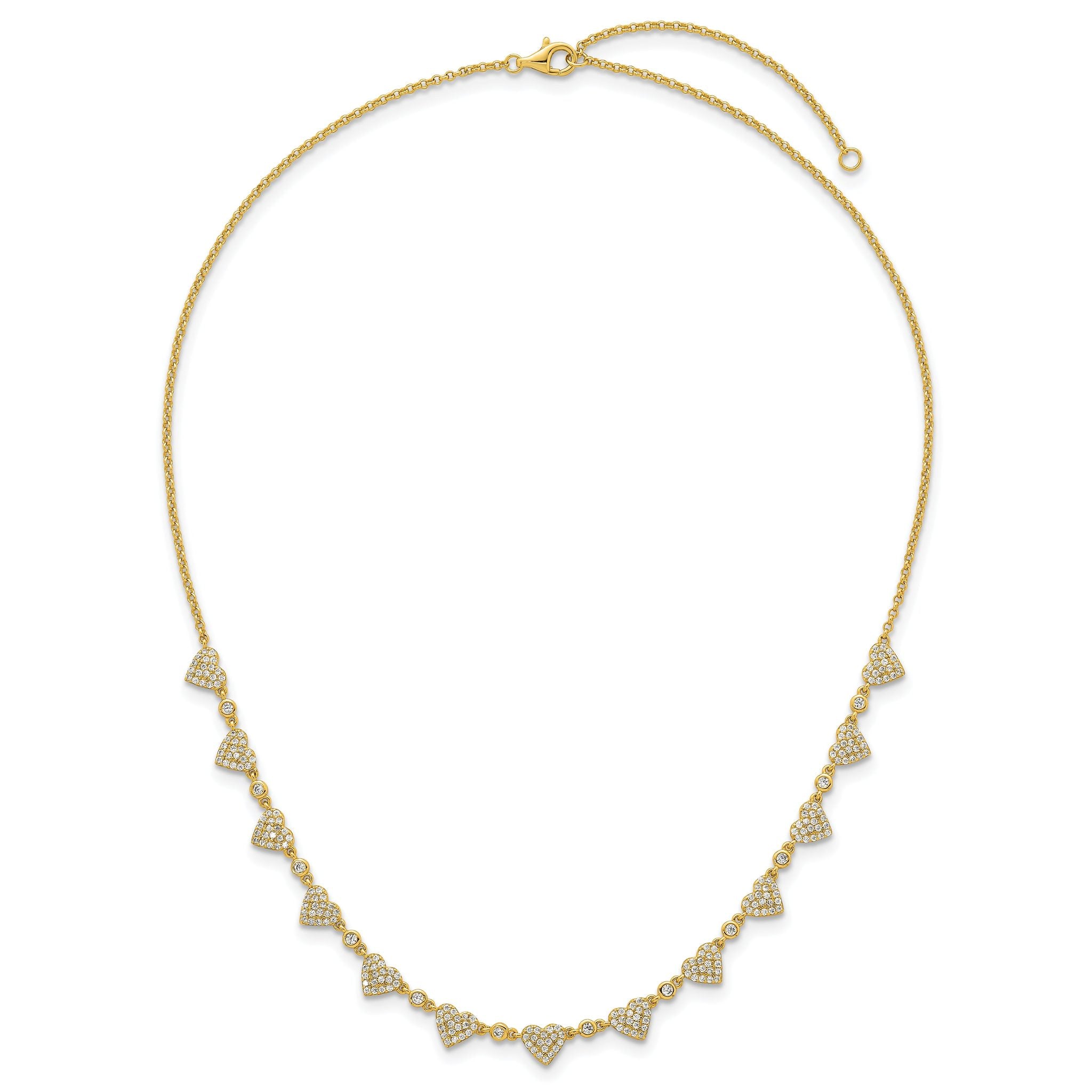 Sterling Silver Gold-tone Polished Pave CZ Hearts 16 Inch with 2 Inch Extension Necklace