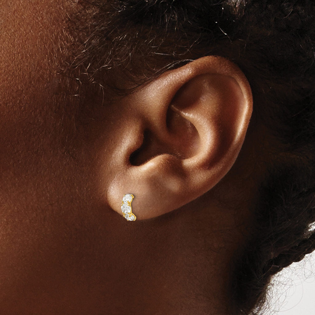 14K Gold CZ Three-Stone J-Hoop Earrings for Girls Polished, Nickel-Free