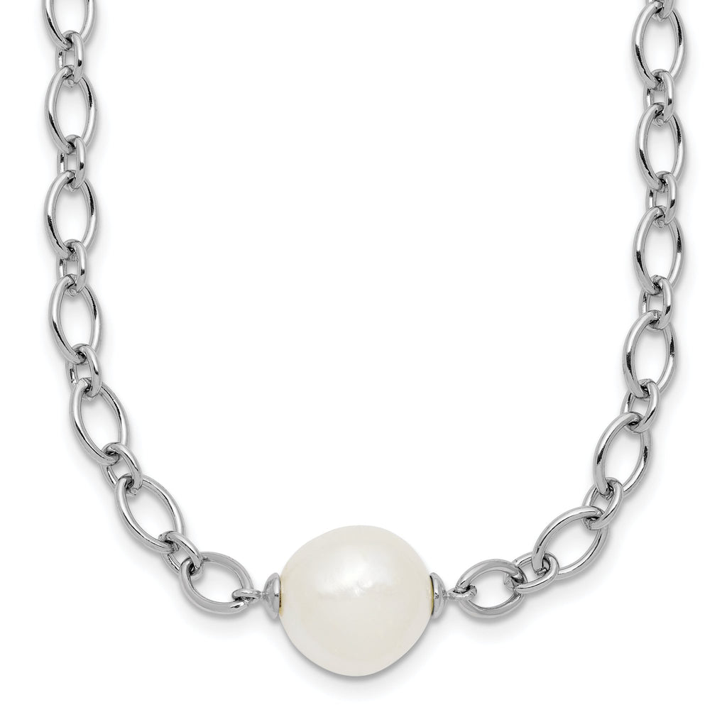 Sterling Silver Rhodium-plated 12-13mm Semi-Round White Freshwater Cultured Pearl Center and Open Link Cable Chain 18 inch Necklace
