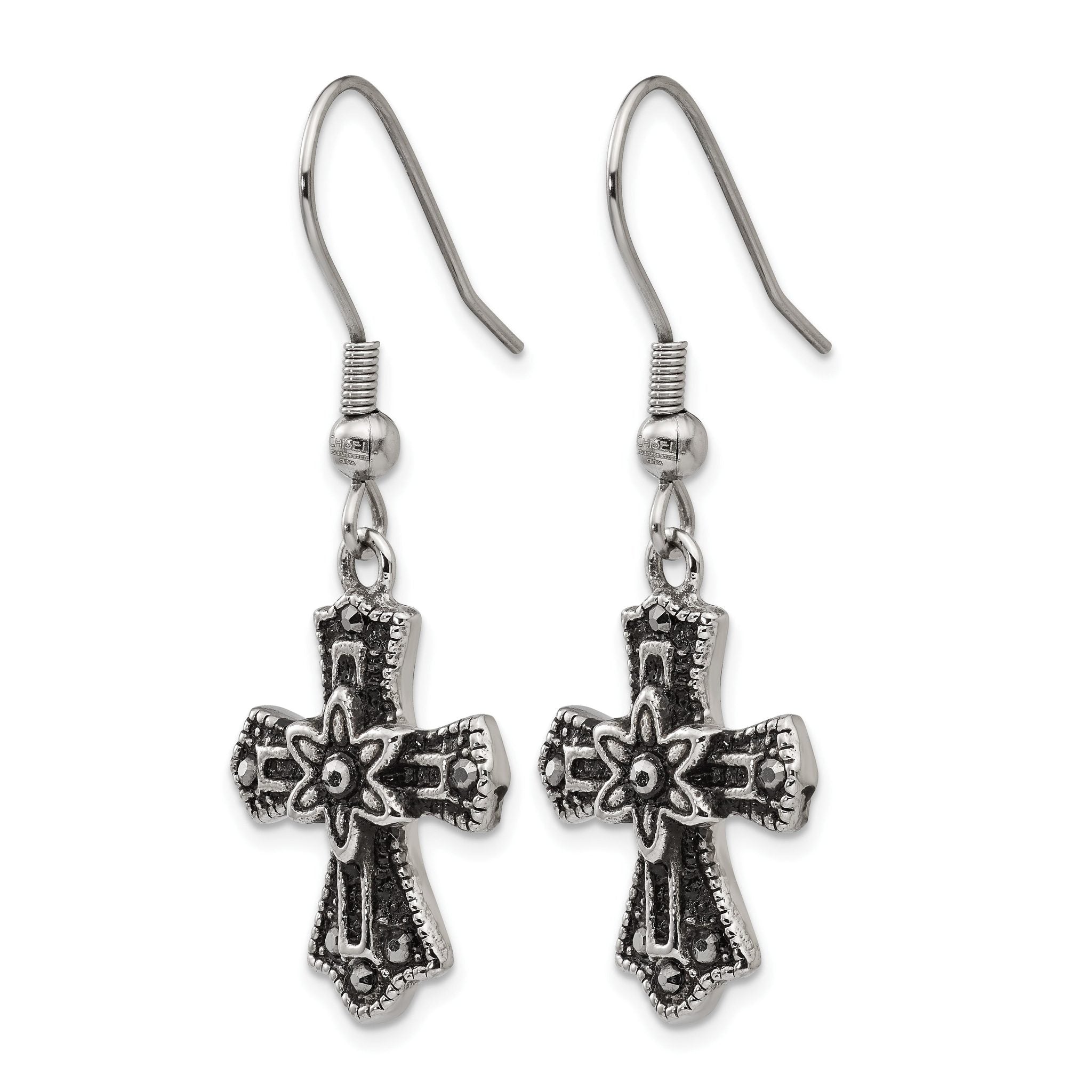 Stainless Steel Polished & Antiqued Cross Black Crystal Drop Dangle Earrings for Women Secondary image