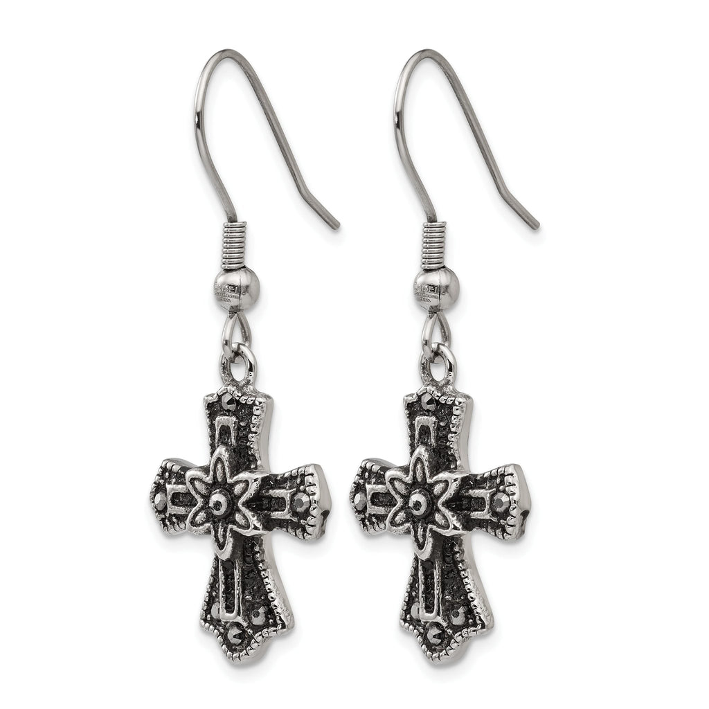 Stainless Steel Polished & Antiqued Cross Black Crystal Drop Dangle Earrings for Women