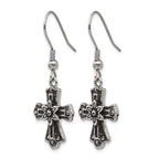Stainless Steel Polished & Antiqued Cross Black Crystal Drop Dangle Earrings for Women
