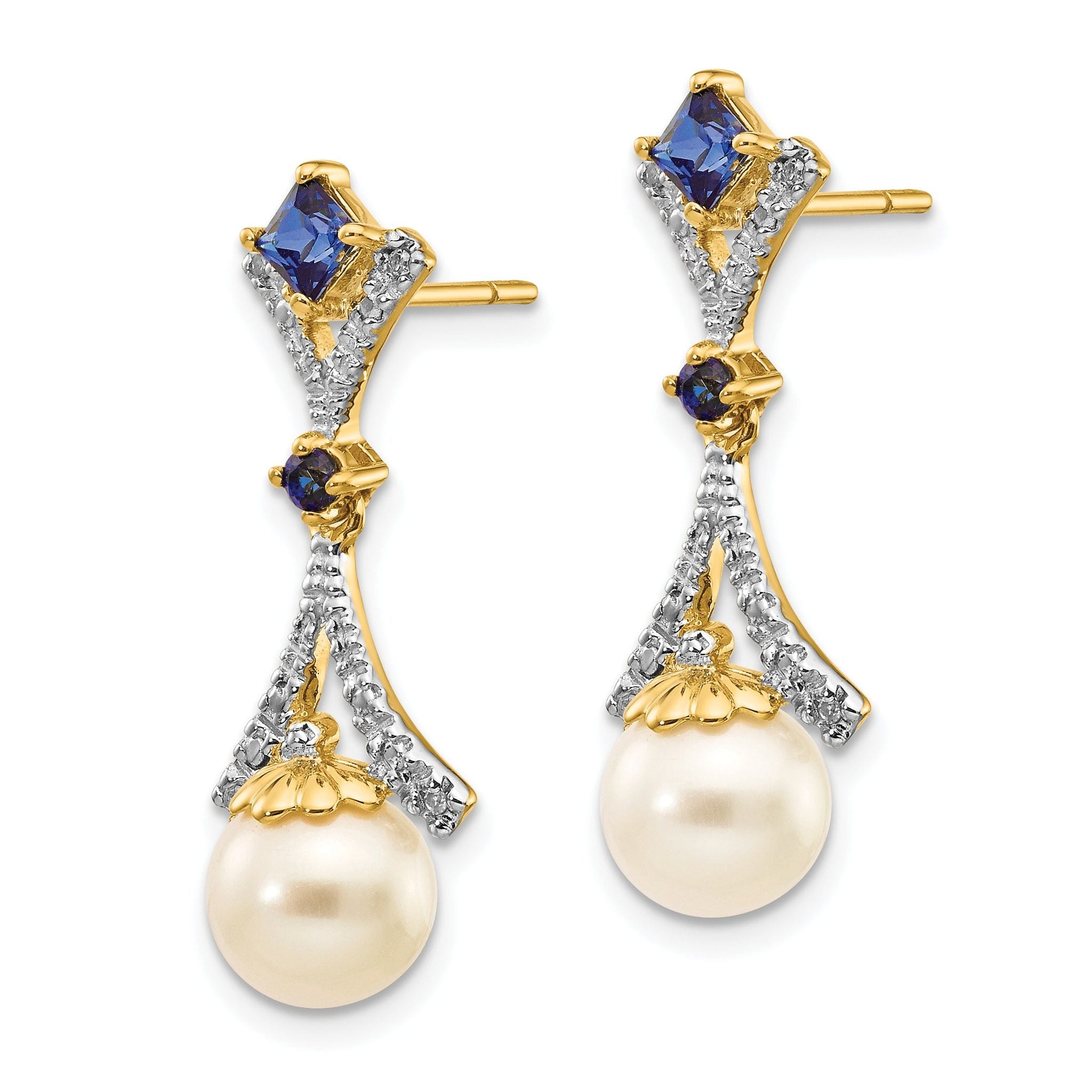 14k 7-8mm FWC Pearl Created Sapphire Diamond Dangle Post Earrings Secondary image