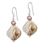 Brown Mother of Pearl & Pearl Dangle Earrings in Sterling Silver