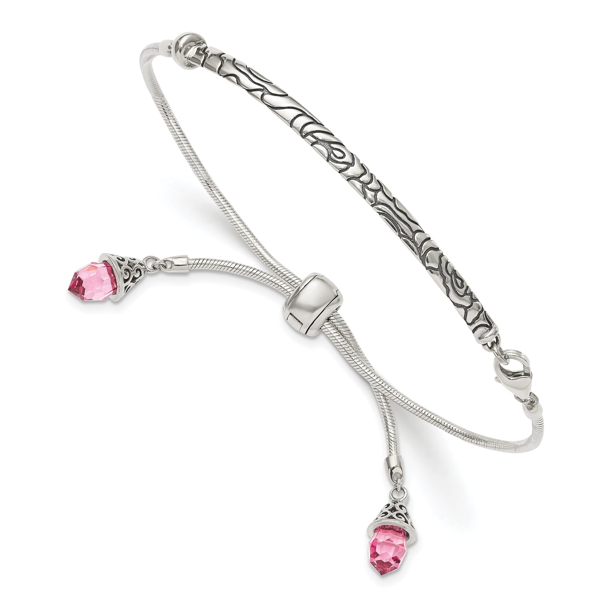 Sterling Silver Antiqued Pink Crystal Briolette Adjustable Bracelet Main image