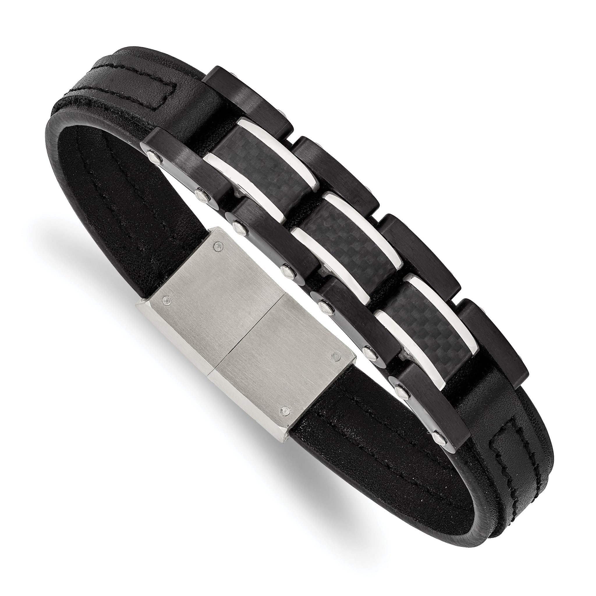 Stainless Steel Brushed & Polished Black IP Carbon Fiber Leather Bracelet for Men