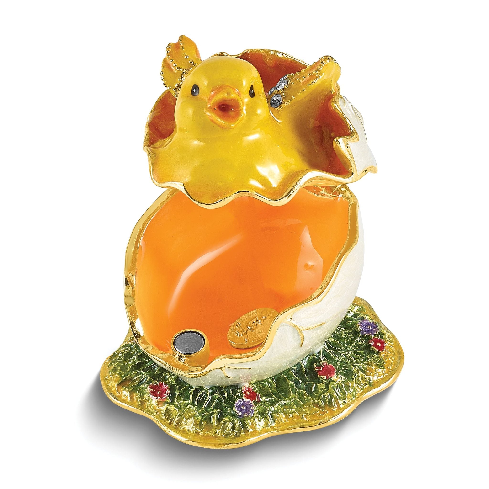Luxury Giftware by Jere Bejeweled Crystal Gold-tone Enamelled DAISY Yellow Chick Hatching from Egg Trinket Box with Matching 18 Inch Necklace Secondary image