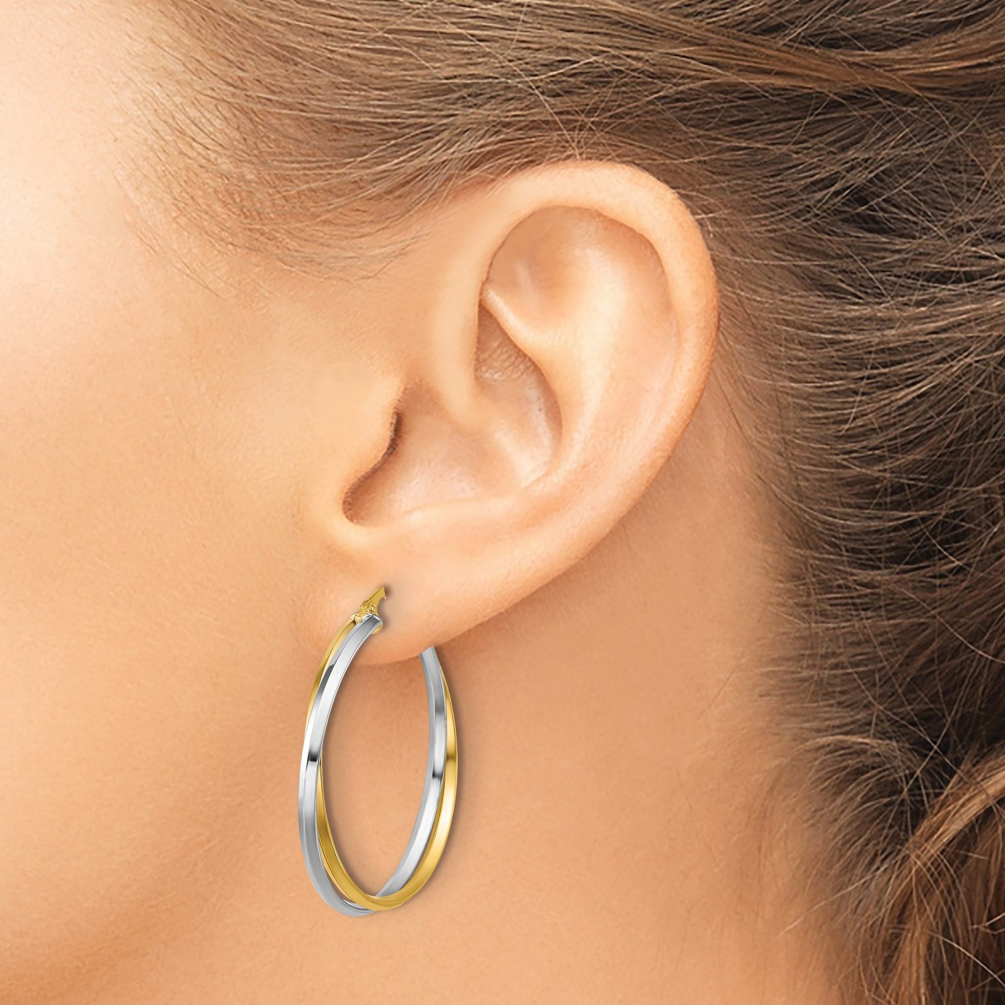 14K with Rhodium Polished Twist Round Hoop Earrings