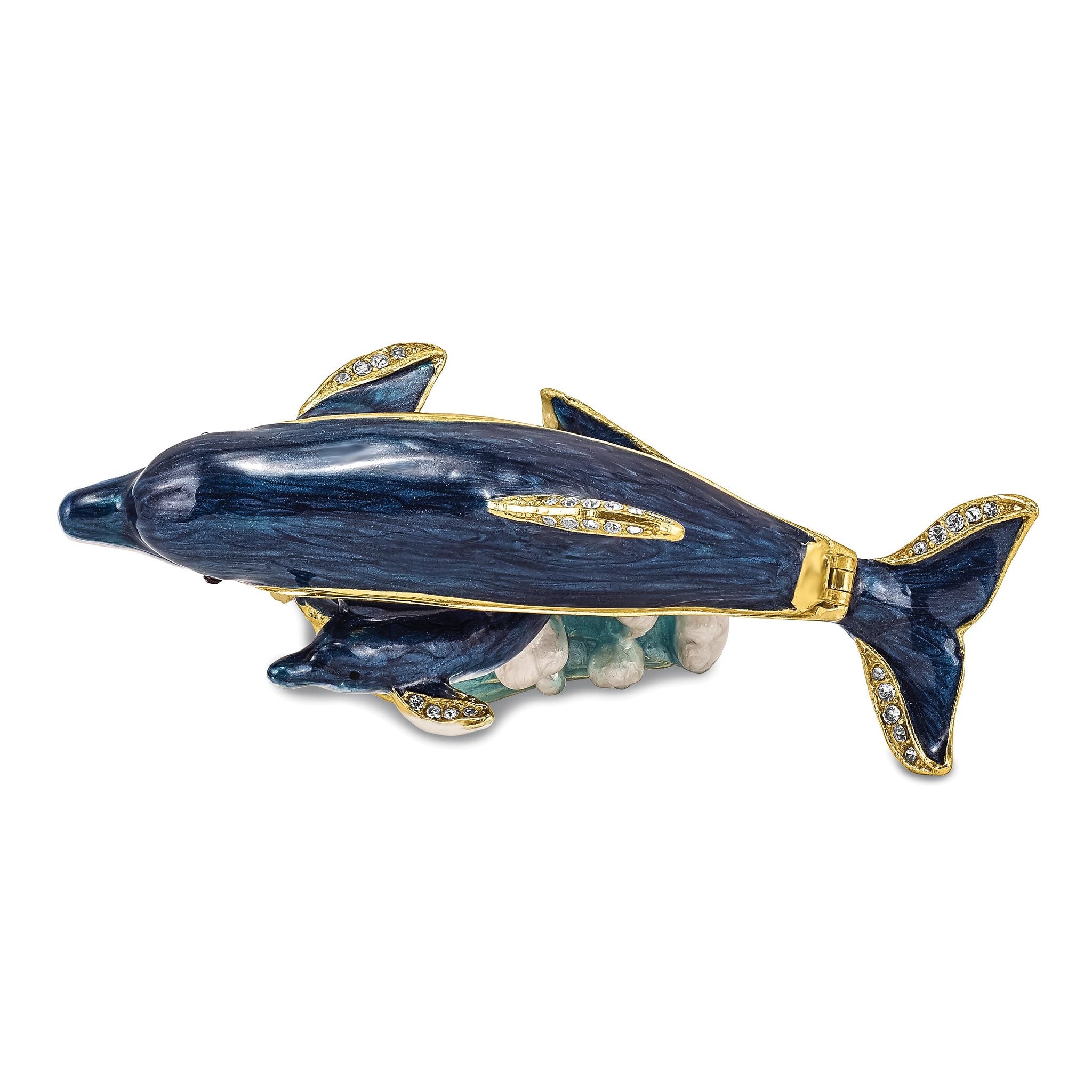 Luxury Giftware by Jere Pewter Bejeweled Crystals Gold-tone Enameled DOLLY & DYLAN Blue Dolphin & Baby Trinket Box with Matching 18 Inch Necklace