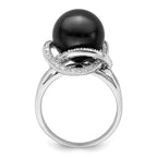 Majestik Sterling Silver Rhodium-plated 12-13mm Black Imitation Shell Pearl and CZ Ring