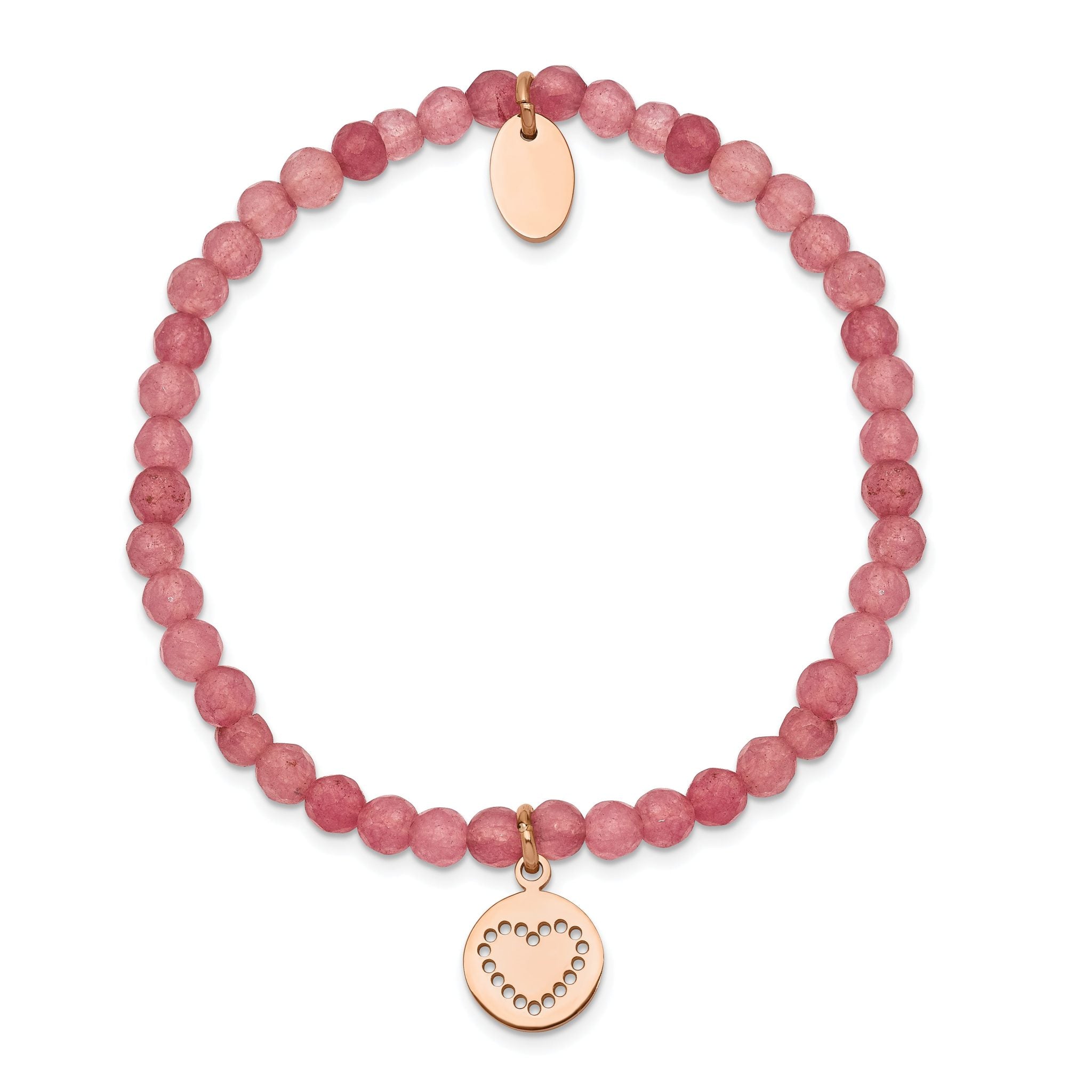 Stainless Steel Polished Rose IP-plated Heart 4mm Pink Jade Beaded Stretch Bracelet for Women