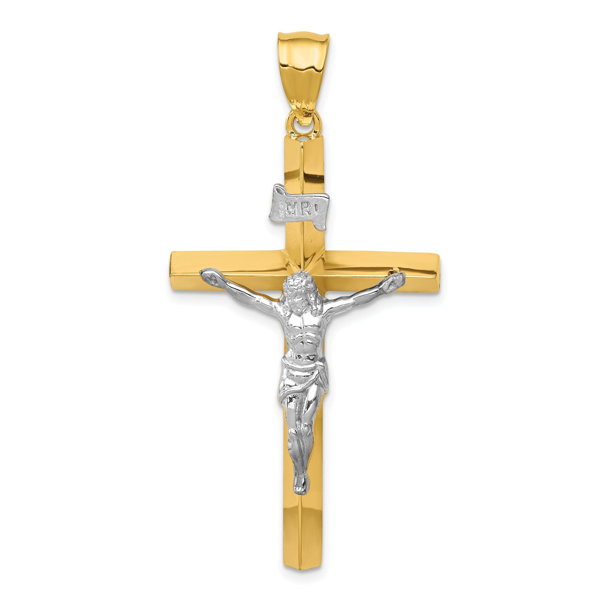 14K Two-Tone Gold INRI Hollow Crucifix Pendant Polished Finish