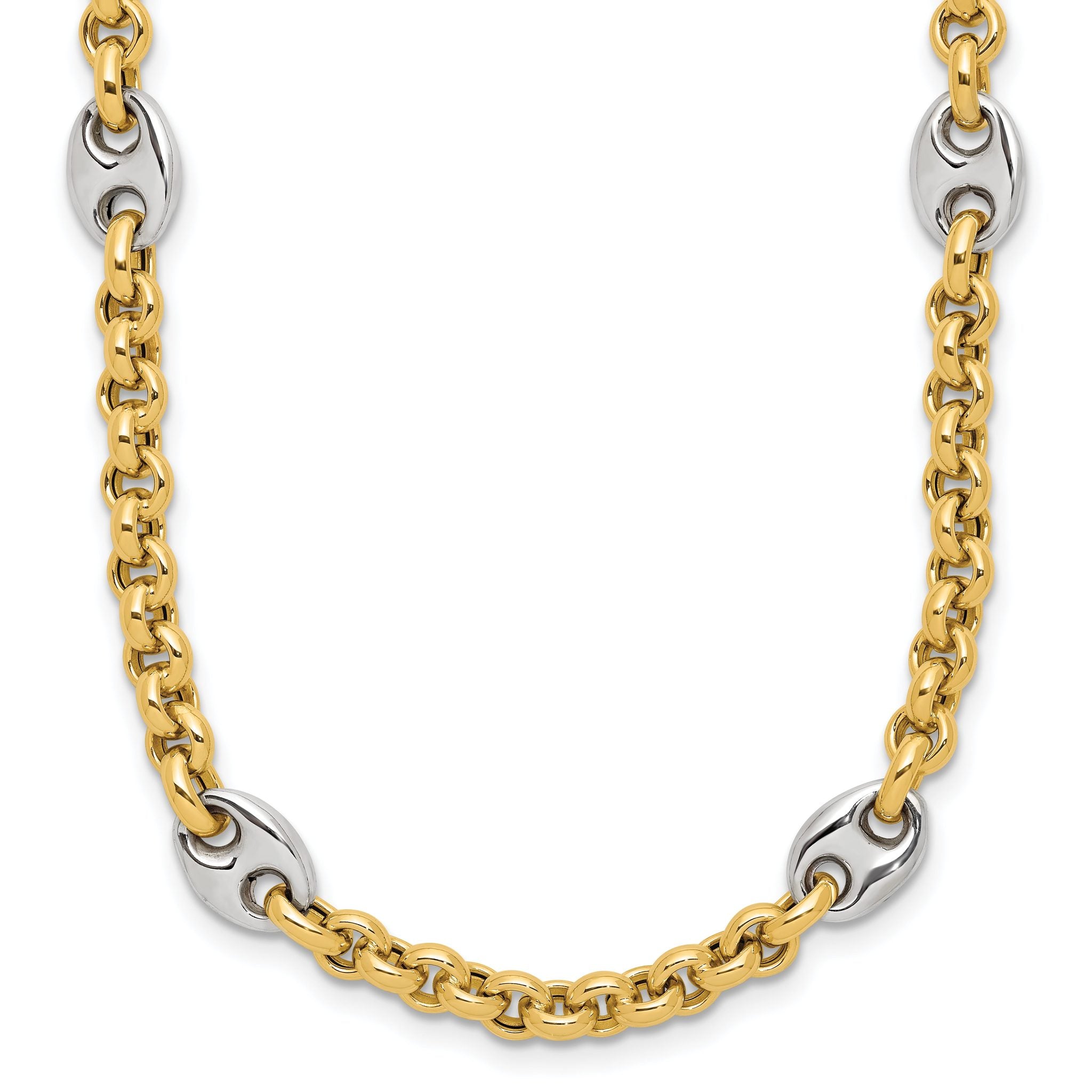 14K Two-tone Polished Fancy Puffed Mariner Link Necklace Main image