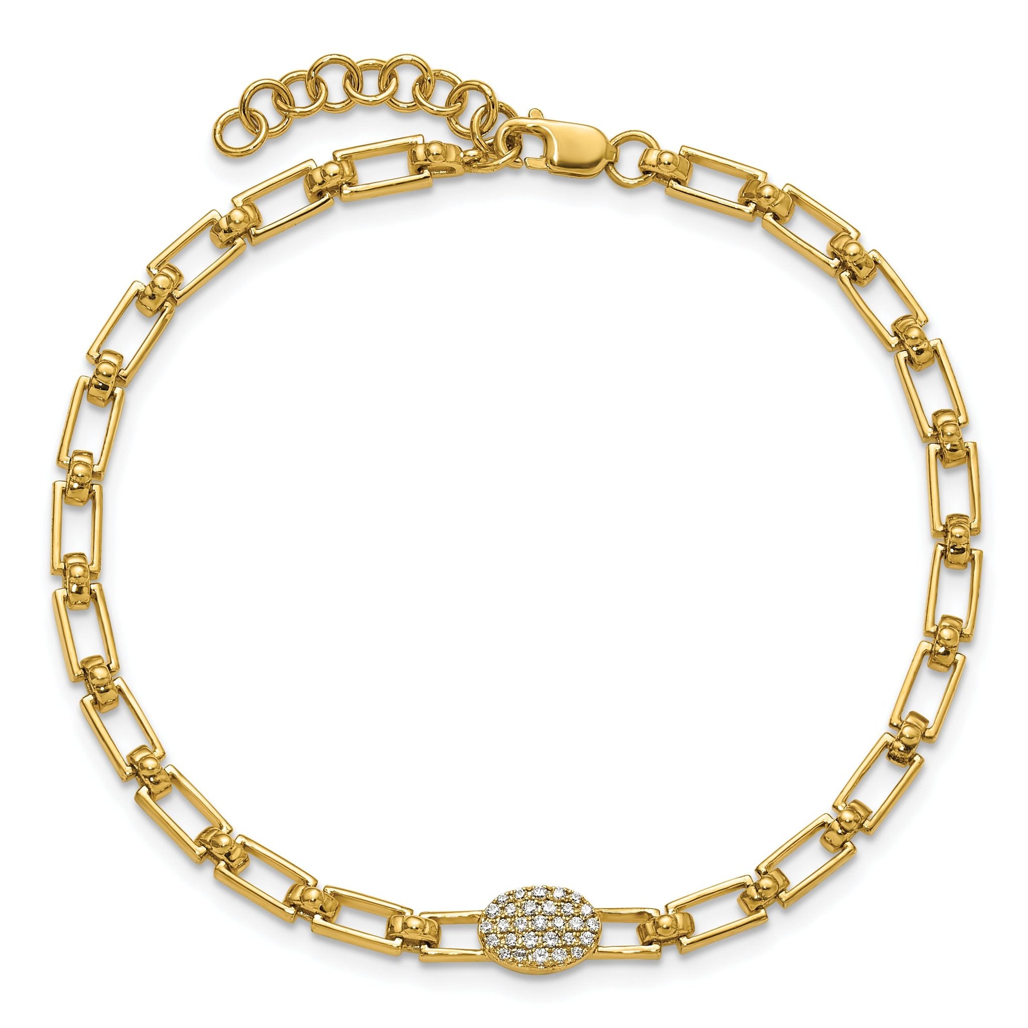 14K Polished Complete 1/8 carat Diamond Oval Cluster Fancy Link 7 inch Bracelet with 1 inch Extender