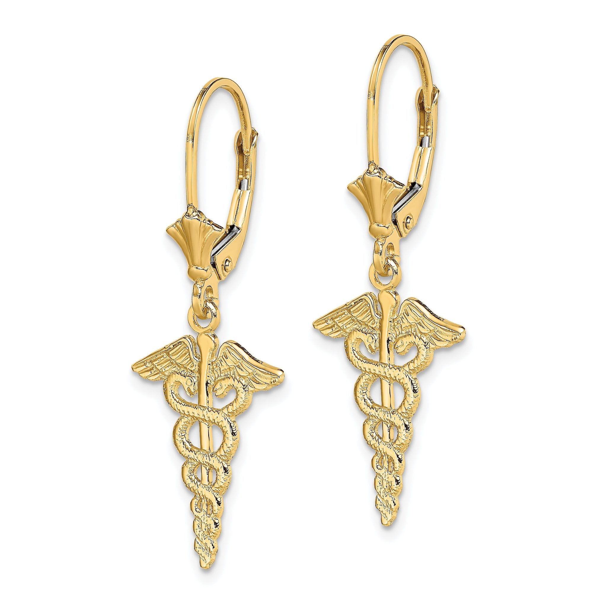 14K Caduceus Leverback Earrings Secondary image