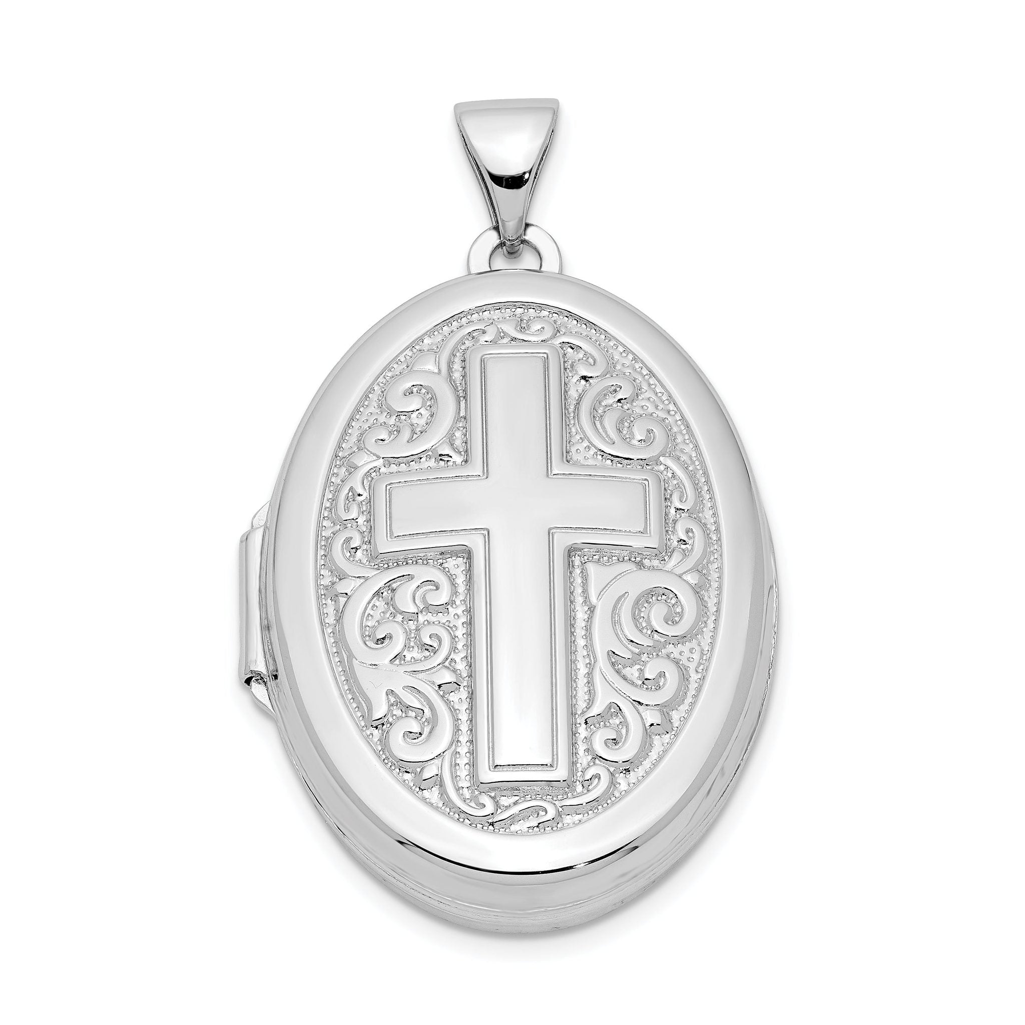 Sterling Silver Rhodium-plated Oval Cross Locket Main image