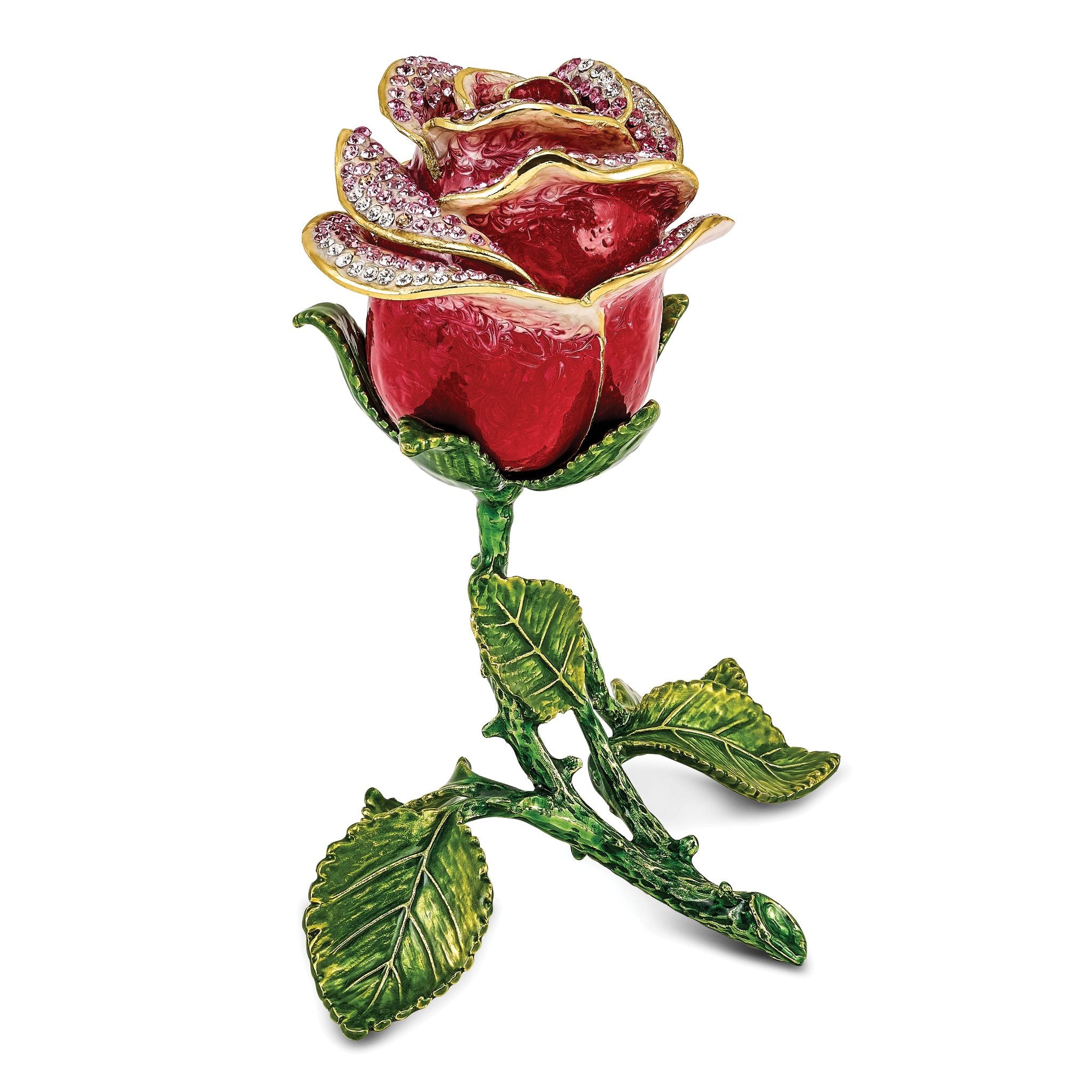 Luxury Giftware by Jere Pewter Bejeweled Crystals Gold-tone Enameled ROSETTE Rose With Ring Pad Trinket Box with Matching 18 Inch Necklace Main image