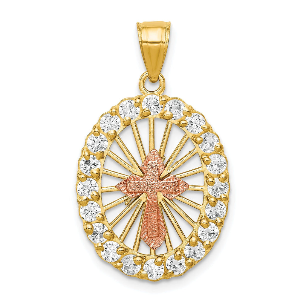 10K Two-Tone Gold Cross Pendant with CZ Stones and Polished Finish