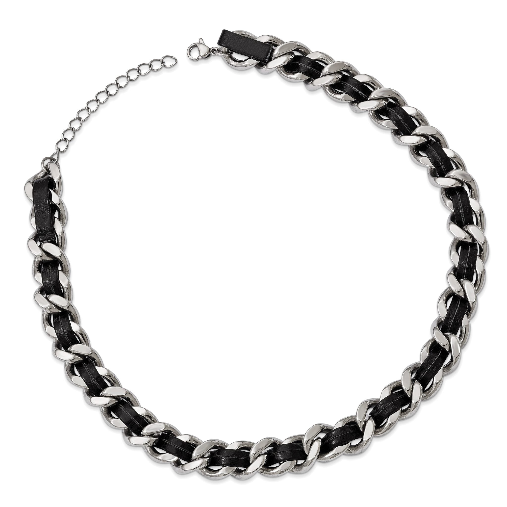 Stainless Steel Polished Black Leather Curb w/2in ext Choker Necklace Secondary image