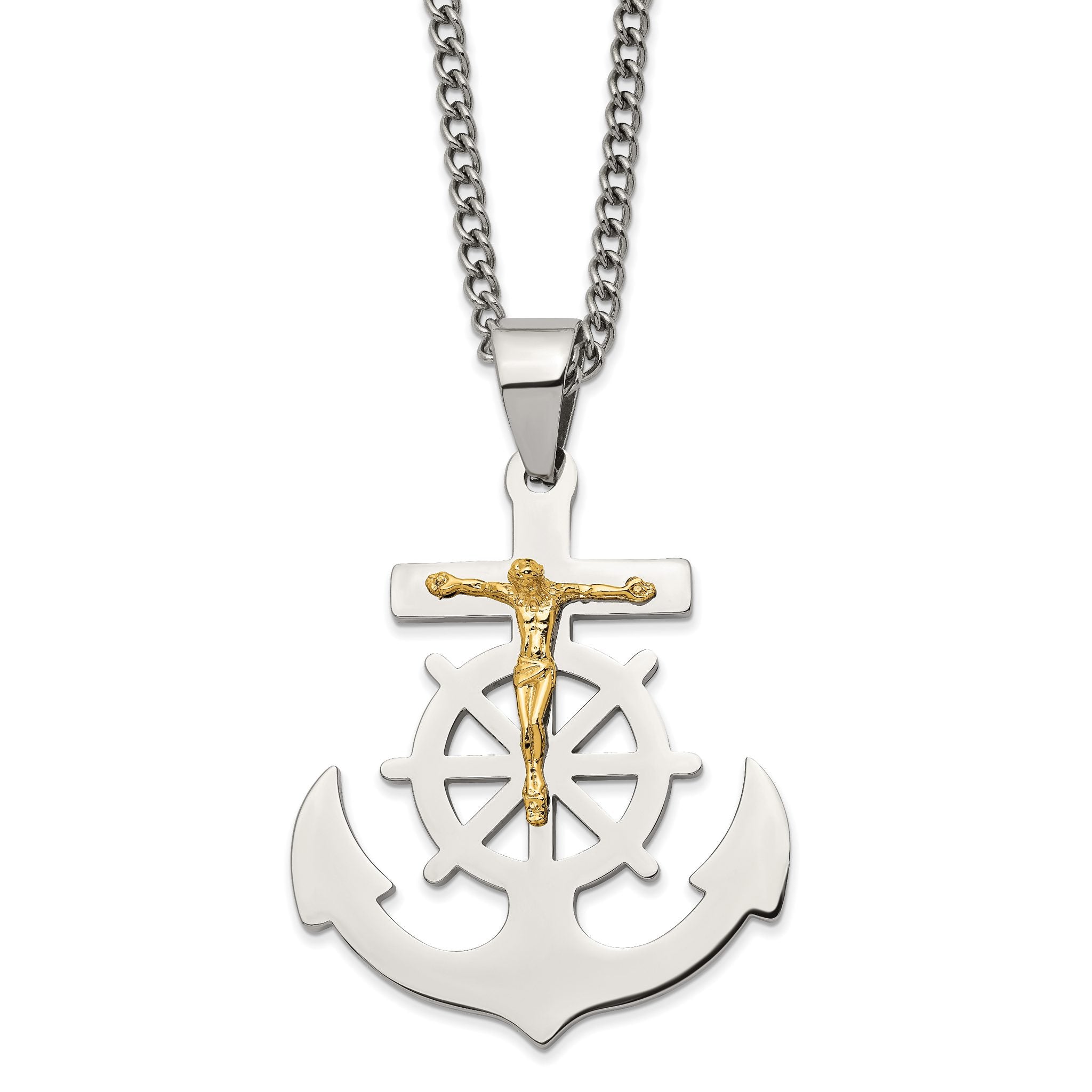 Chisel Stainless Steel Polished Yellow IP-plated Mariner's Cross Pendant on a 24 inch Curb Chain Necklace Main image