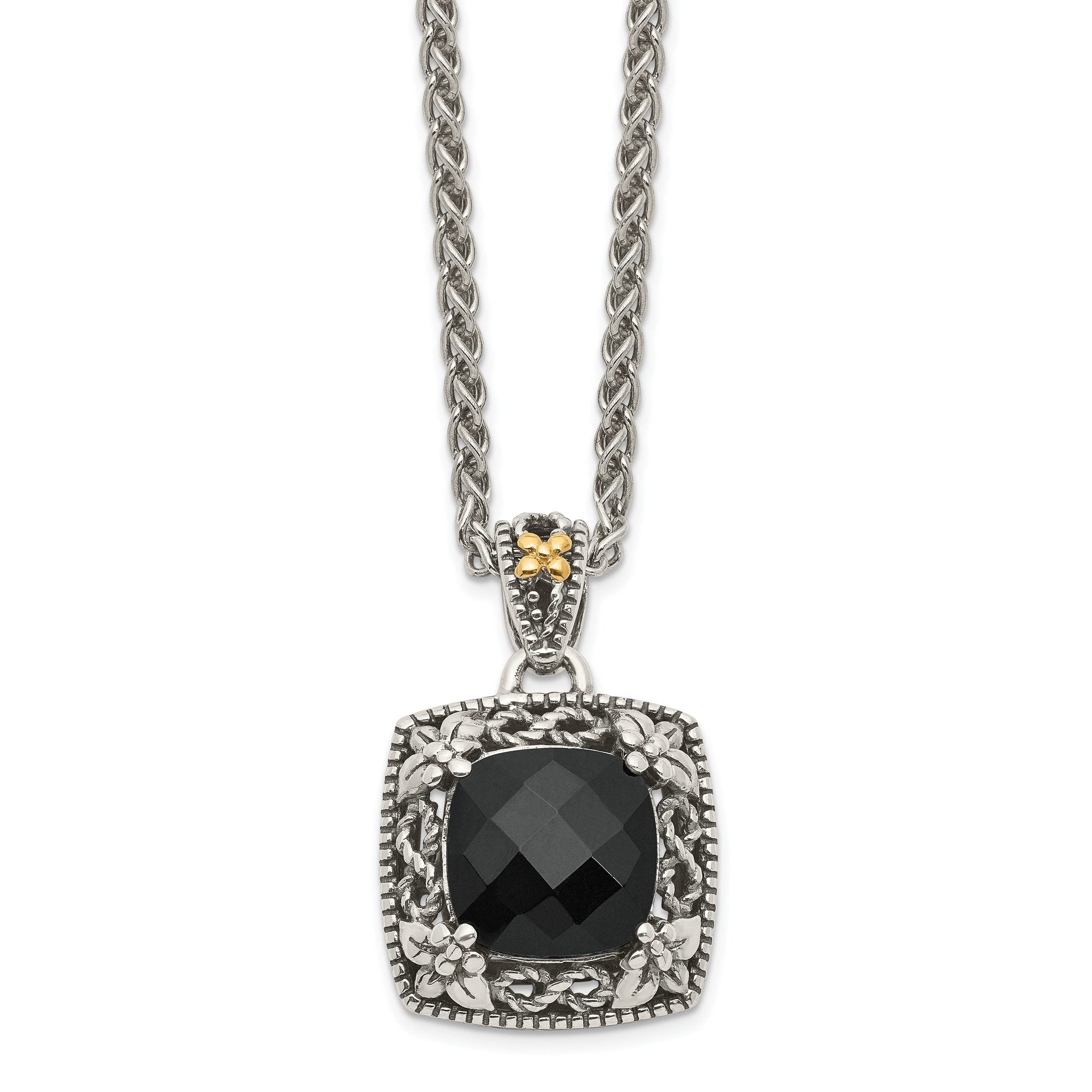 Shey Couture Sterling Silver with 14K Accent 18 Inch Antiqued Checkerboard-cut Black Onyx Necklace Main image