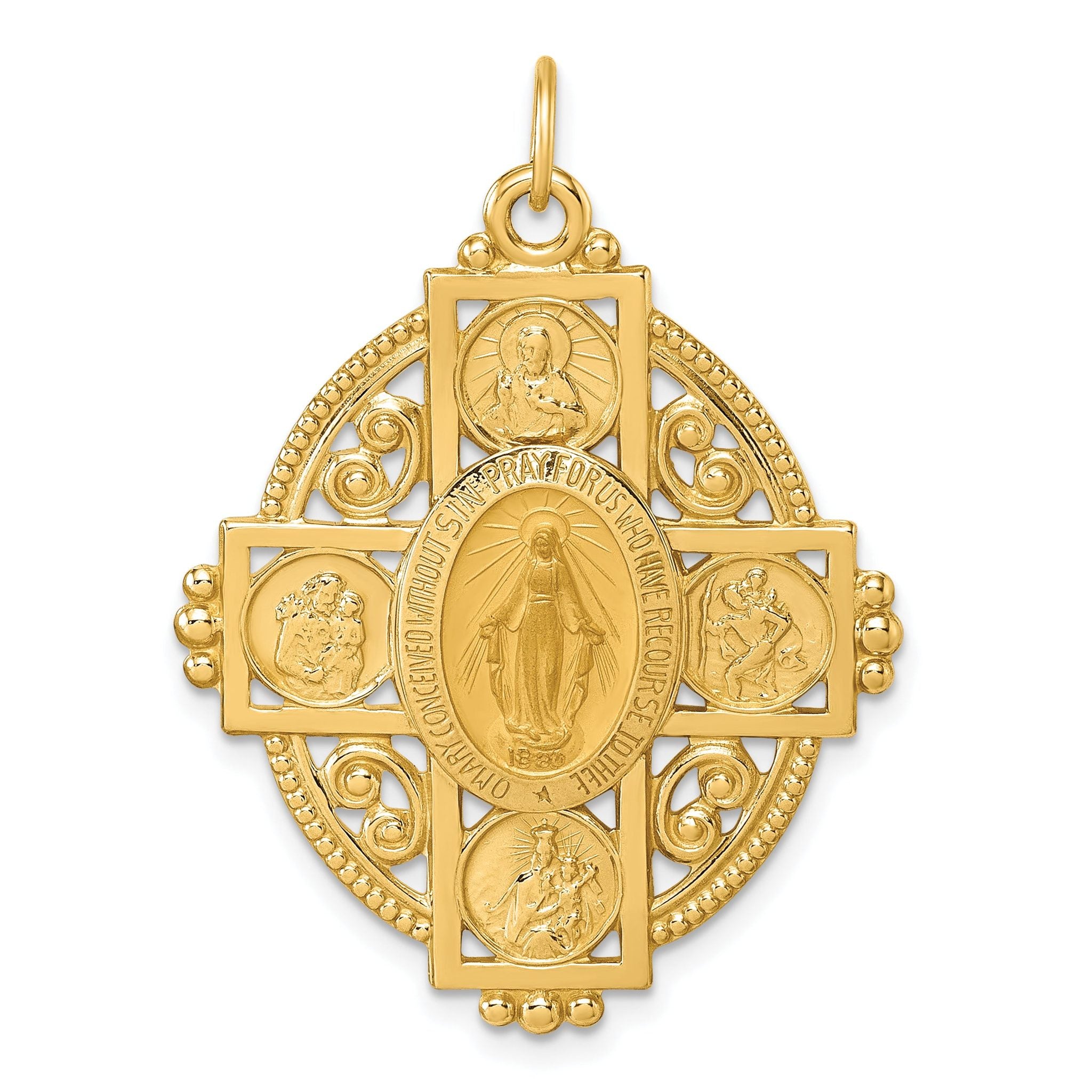 14k Polished Miraculous Medal and Four-way Cross in Filigree Oval Pendant Main image