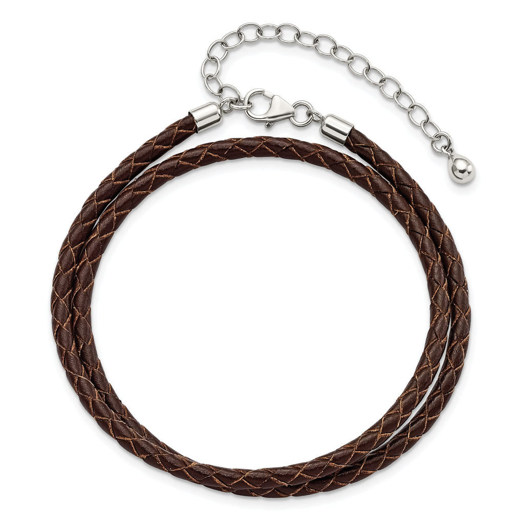 SS Reflections Rhod-plated Brn Leather With 2 in ext Choker/Wrap Bracelet