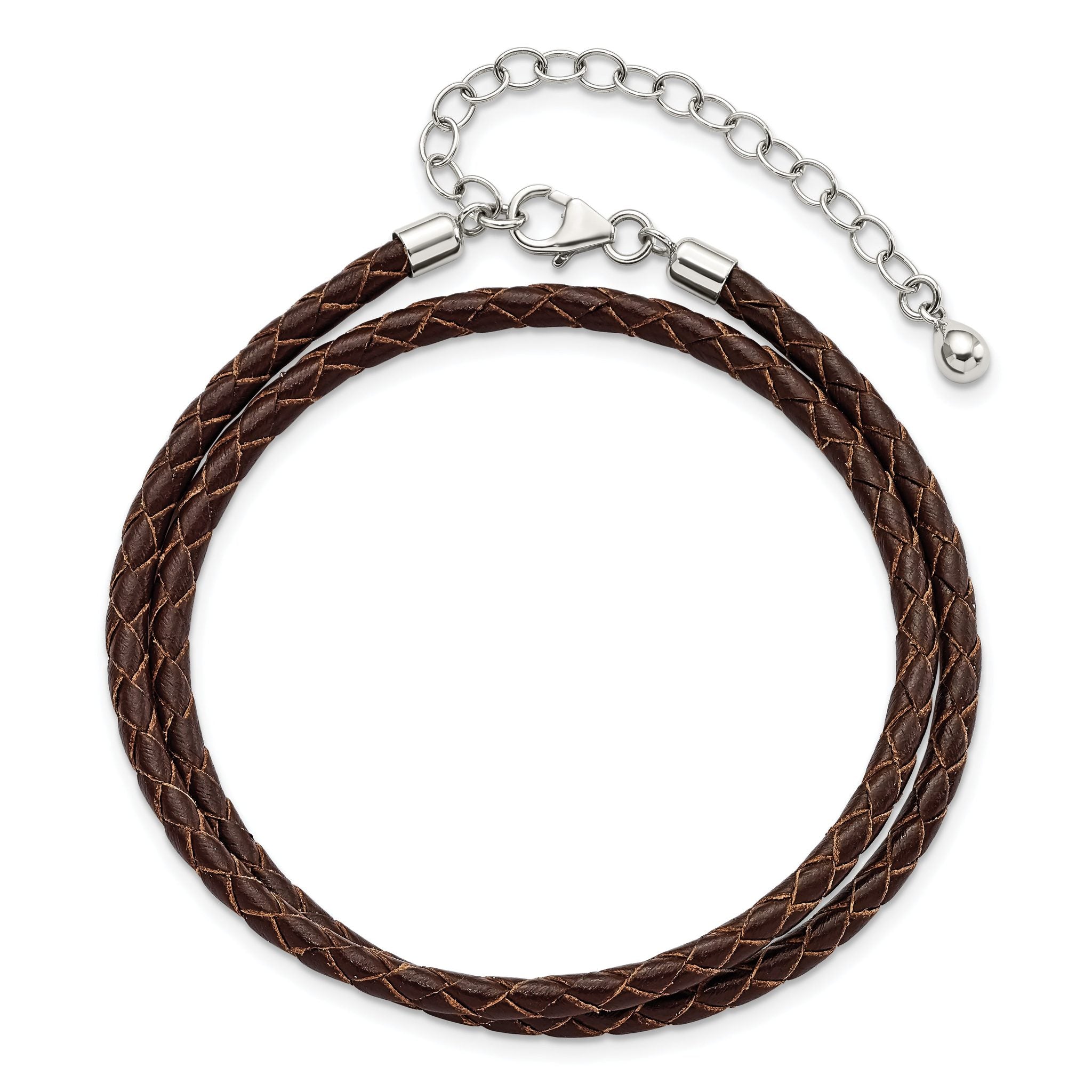 SS Reflections Rhod-plated Brn Leather With 2 in ext Choker/Wrap Bracelet