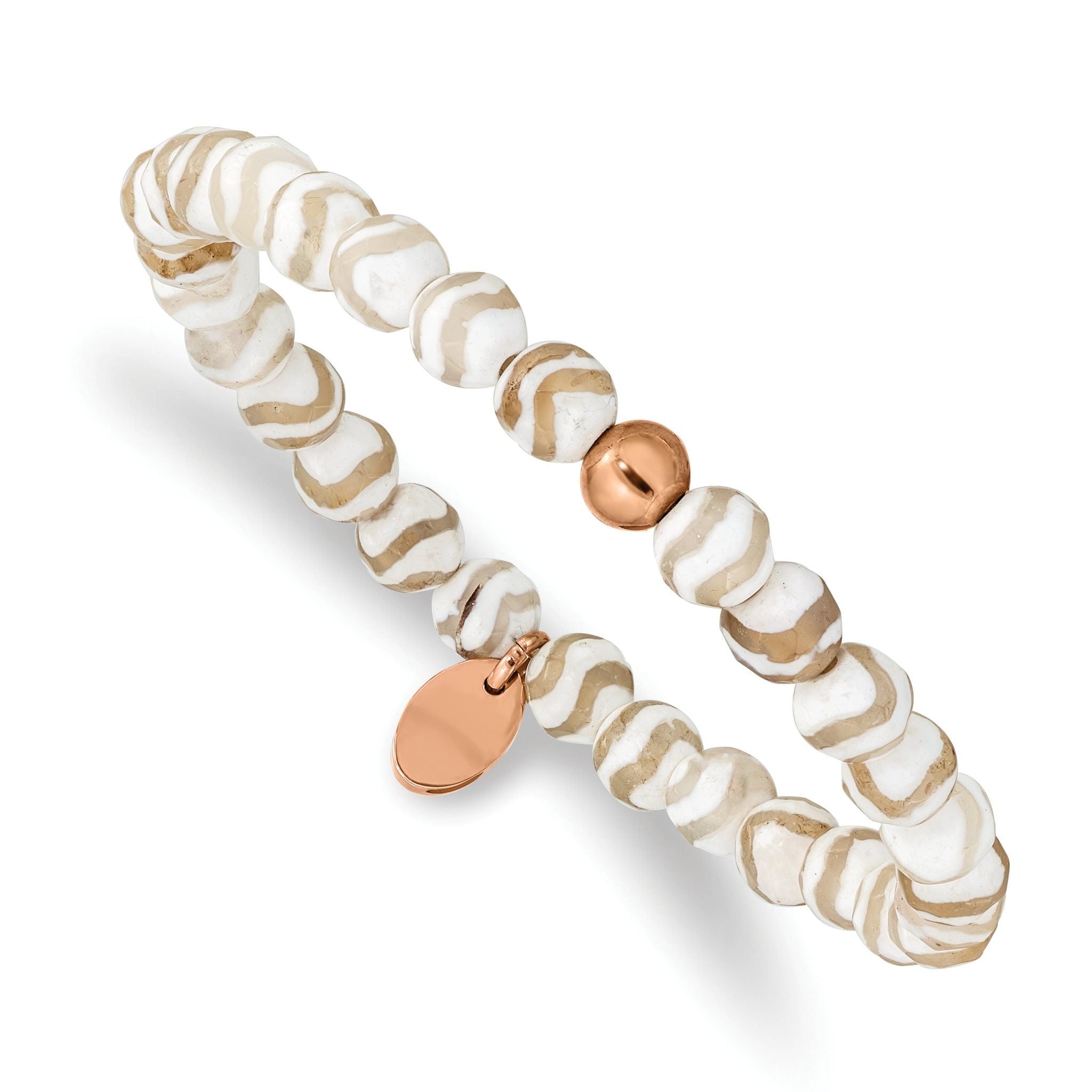 Stainless Steel Polished Rose IP-plated 6mm White Wave Agate Beaded Stretch Bracelet for Women