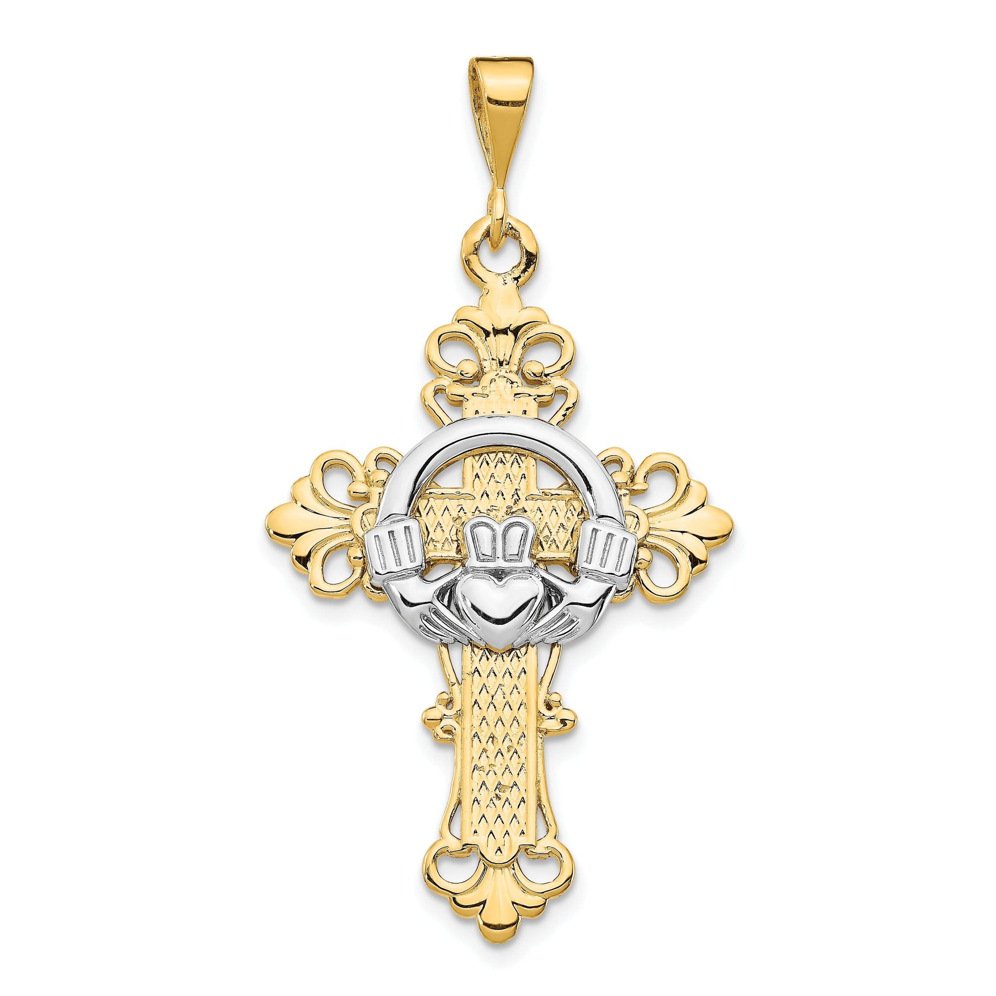 14K Two-Tone Gold Claddagh Cross Pendant with Polished Finish Main image