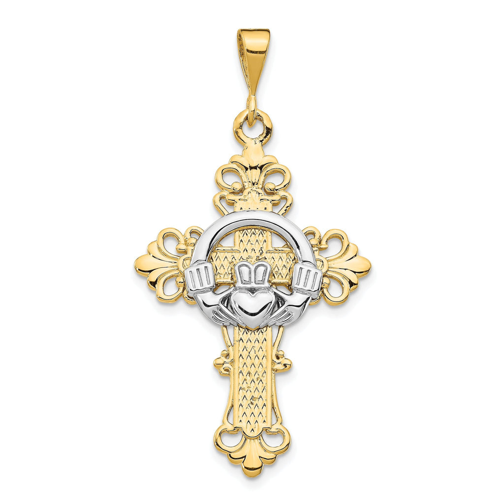 14K Two-Tone Gold Claddagh Cross Pendant with Polished Finish