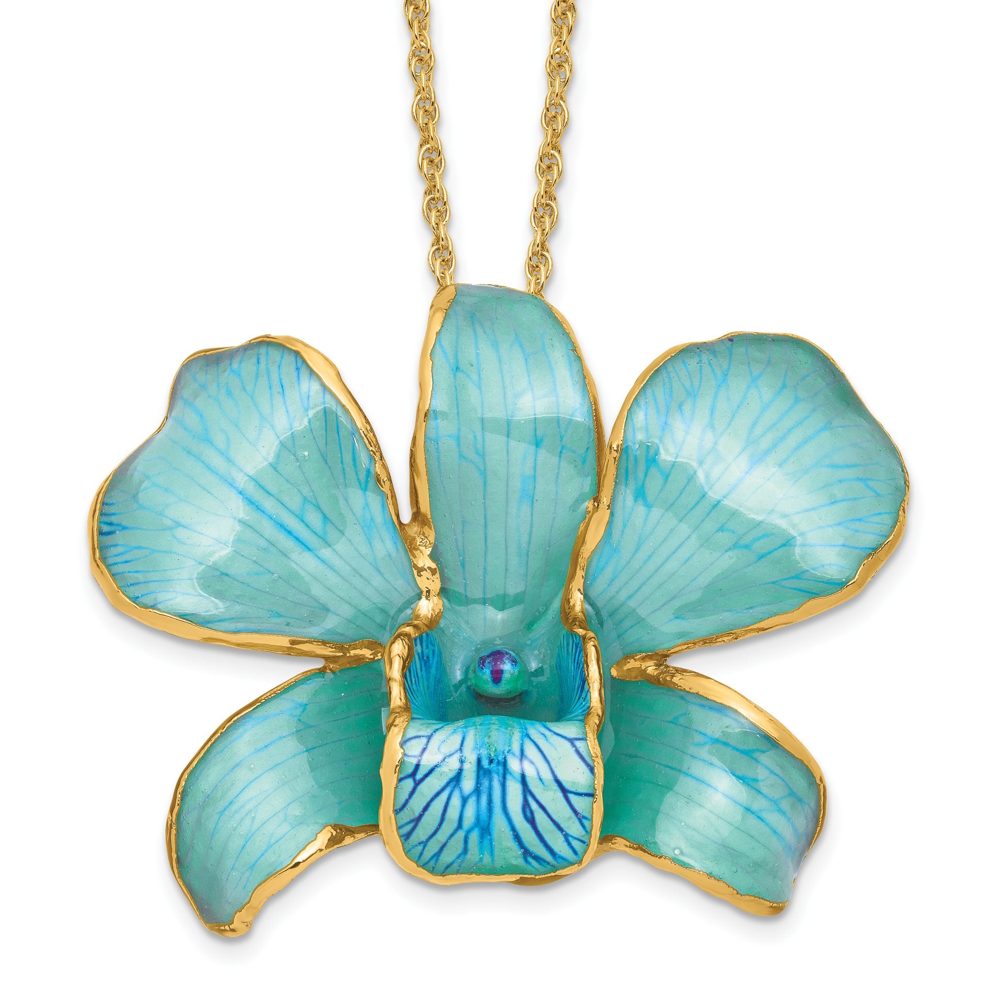 24K Gold-trim Lacquer Dipped Blue Real Dendrobium Orchid 20in Gold-tone Necklace Main image