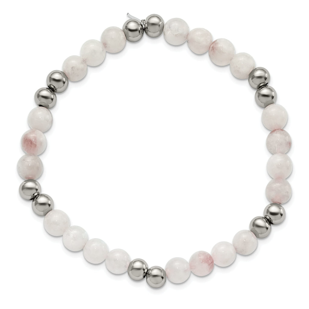 Stainless Steel Polished 6mm White Moonstone Beaded Stretch Bracelet for Women