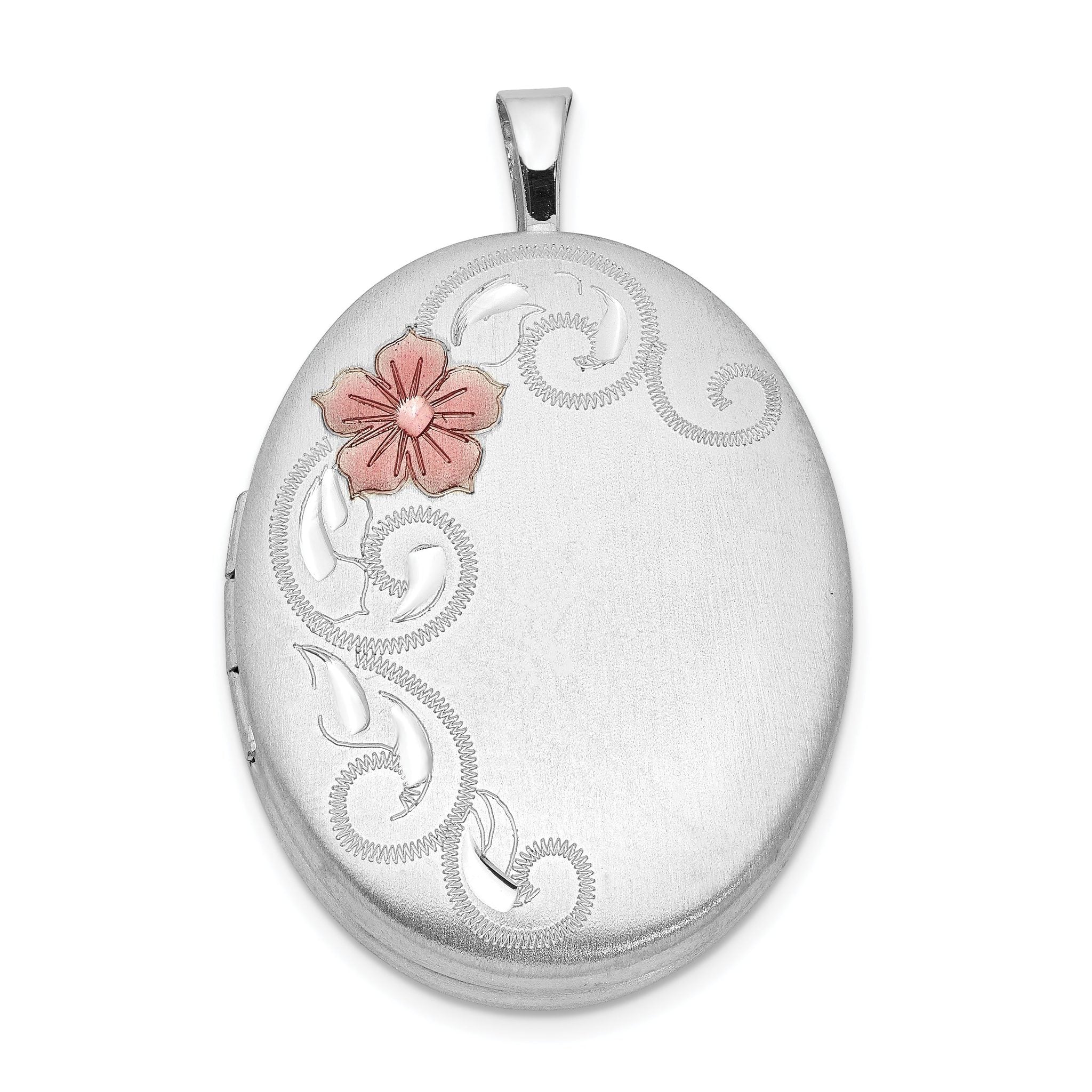 Sterling Silver Rhod-plated 26mm Satin Enameled Flower Scroll Oval Locket Main image