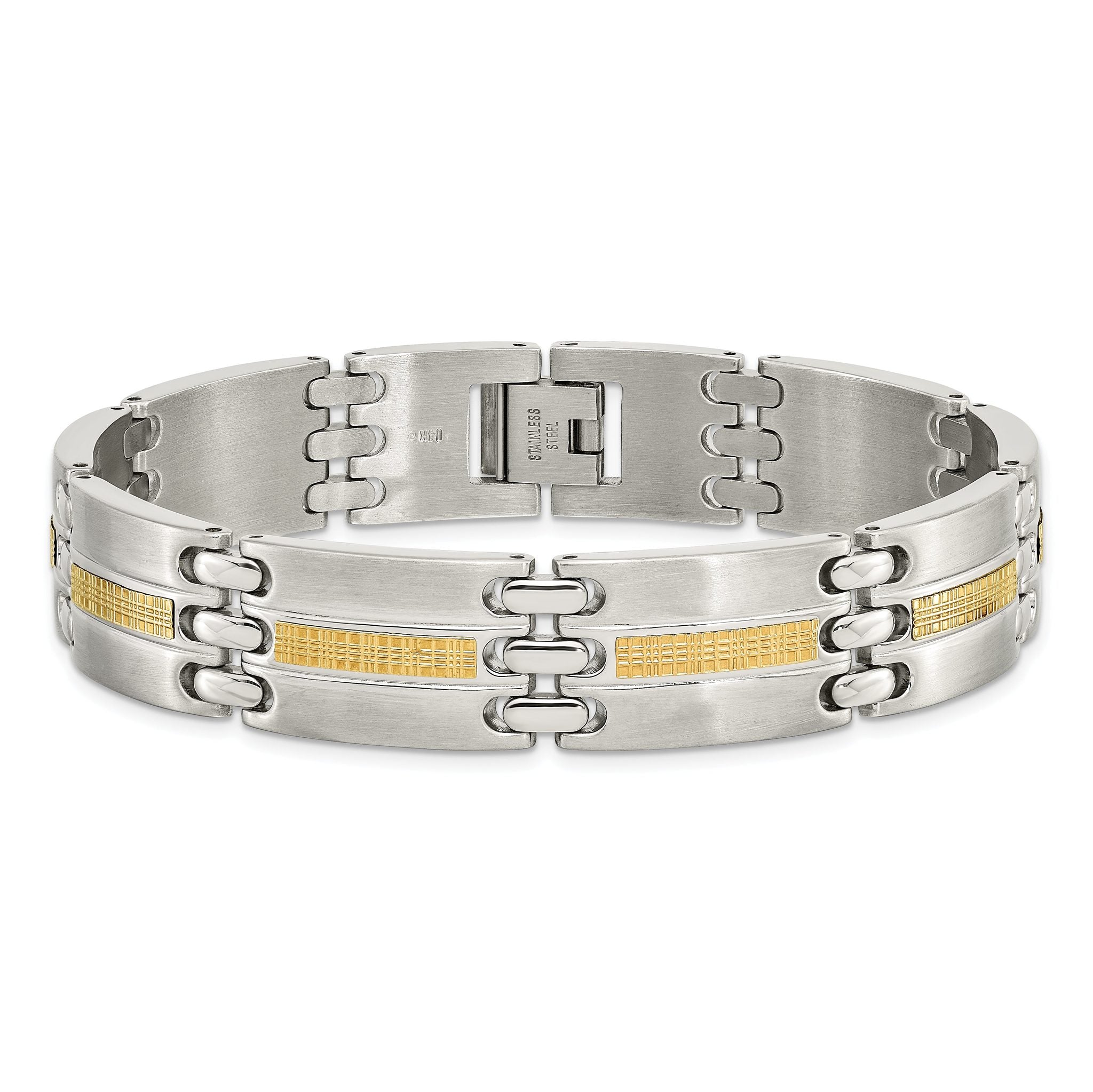 Stainless Steel with 14k Gold Accent Brushed and Polished Link Bracelet for Men