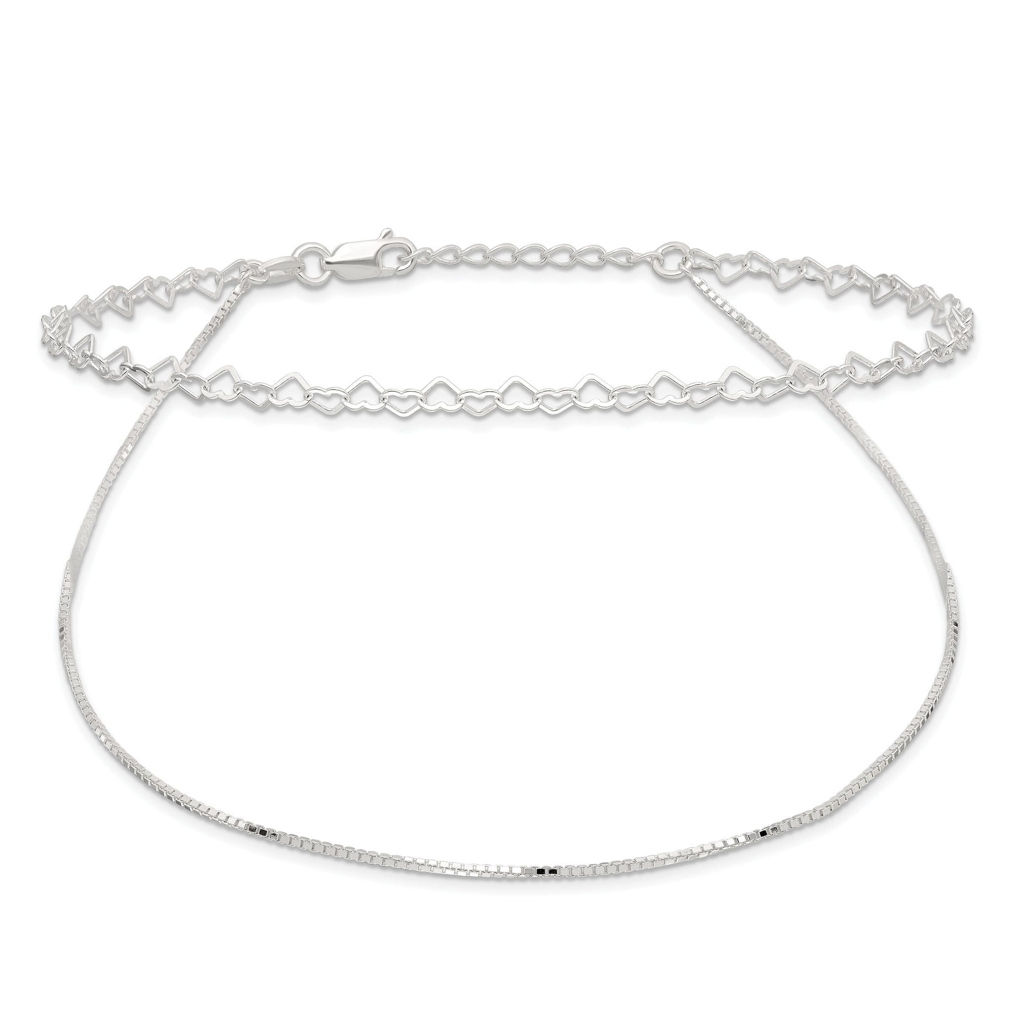 Sterling Silver 2-Strand Heart Link 9 inch Plus 1 inch Extender - Total 10 inch Anklet