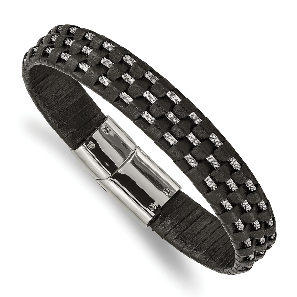 Stainless Steel Polished Wire Cable and Black Leather Bracelet for Men