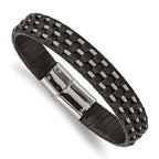 Stainless Steel Polished Wire Cable and Black Leather Bracelet for Men