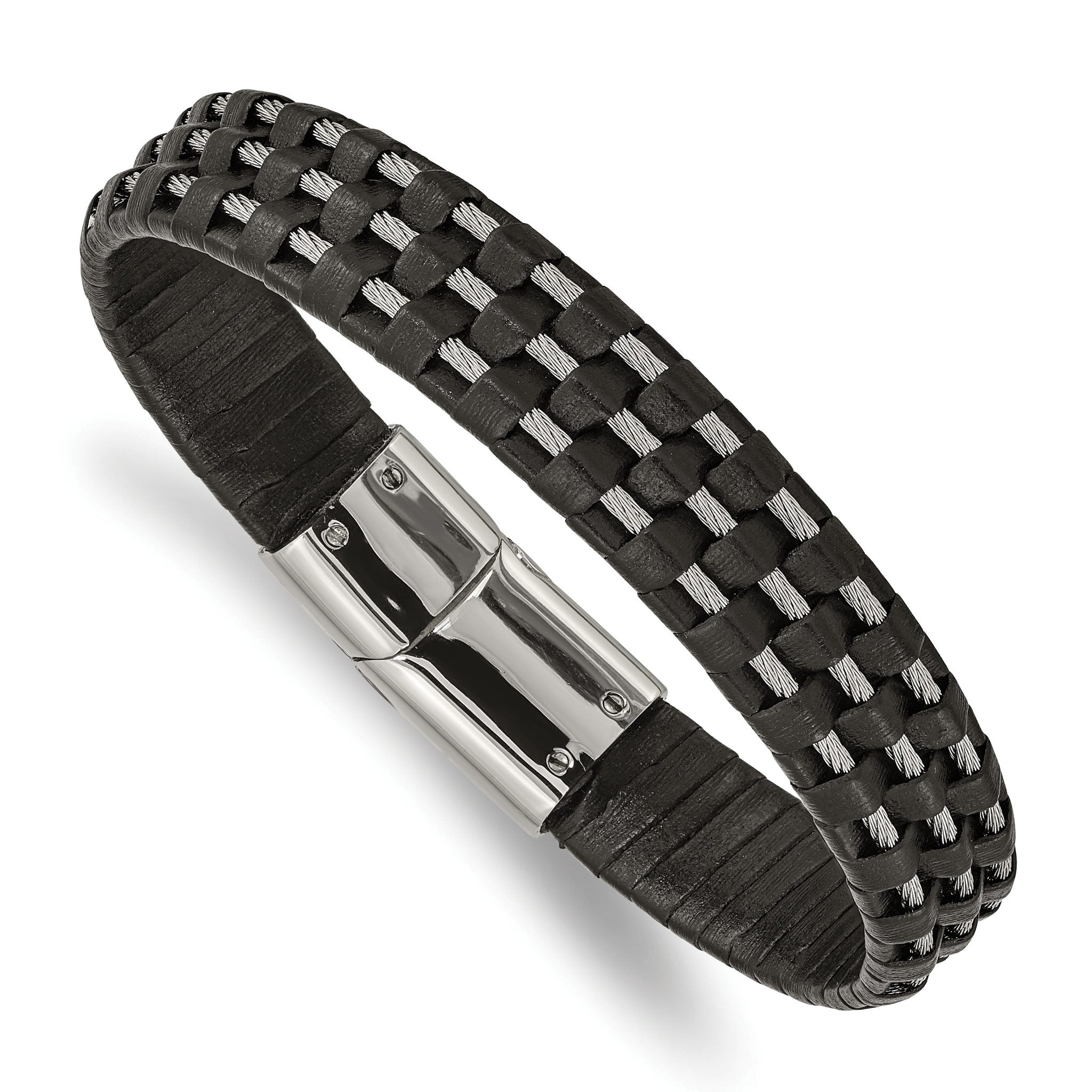 Stainless Steel Polished Wire Cable and Black Leather Bracelet for Men