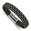 Stainless Steel Polished Wire Cable and Black Leather Bracelet for Men