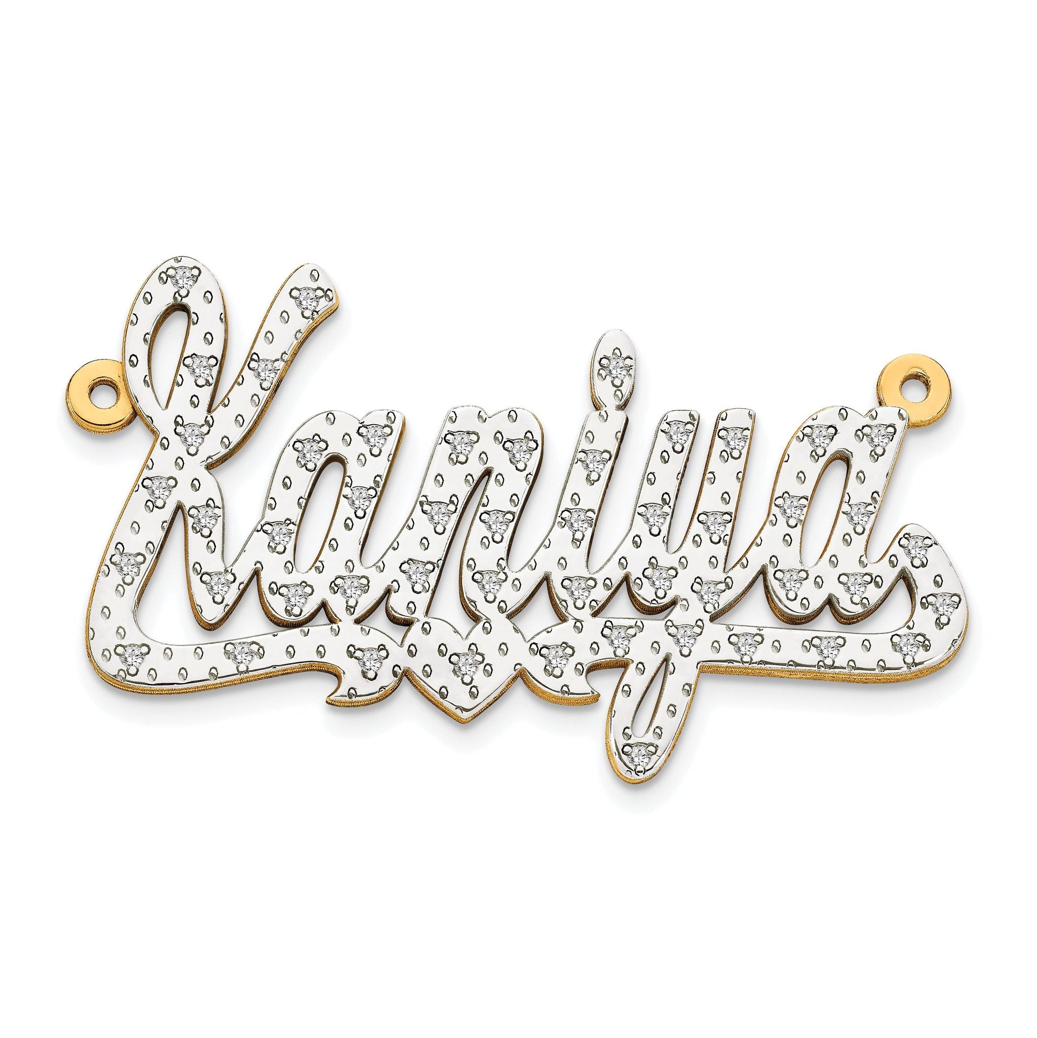 10KY and Rhodium 3D Diamond with Heart Name Plate