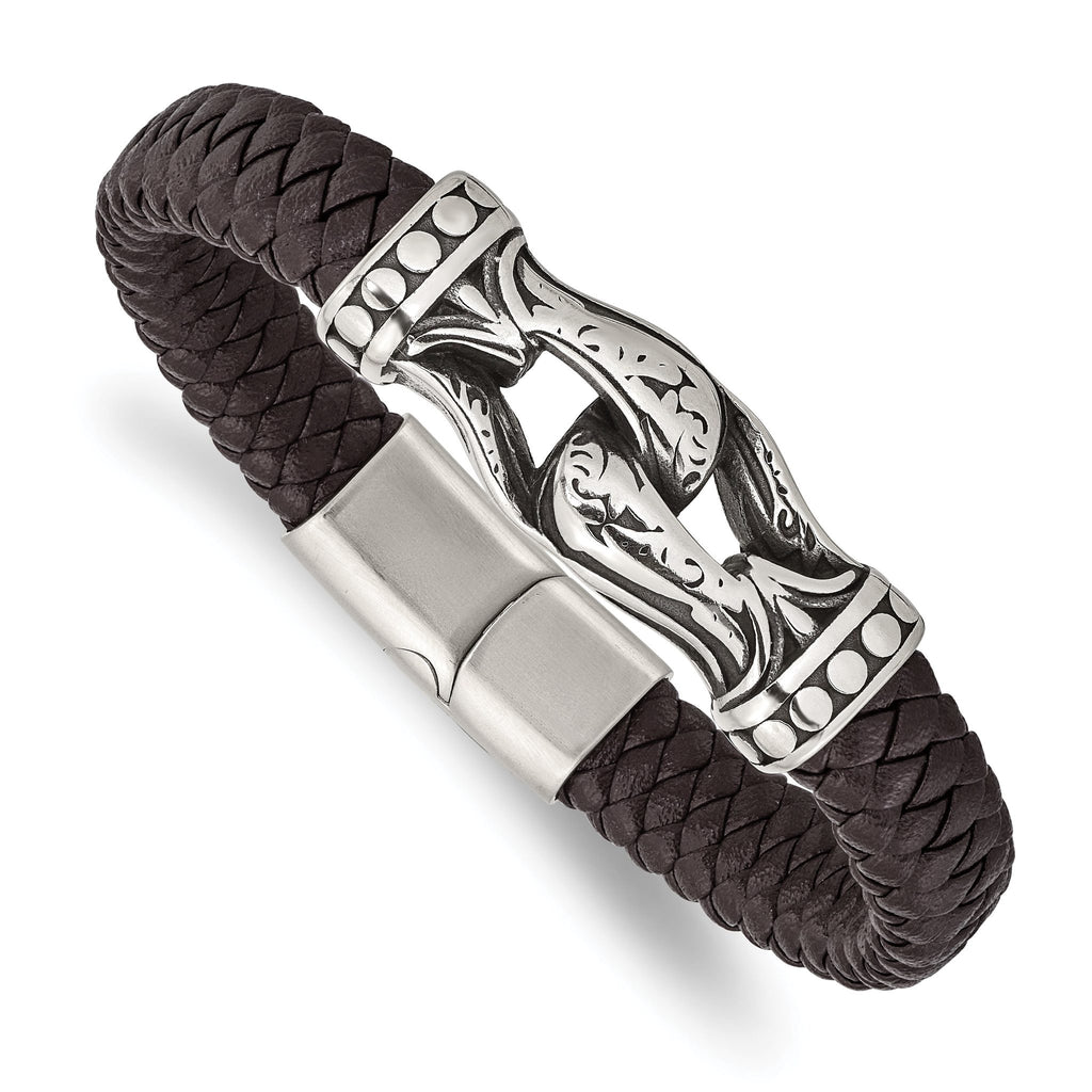 Stainless Steel Antiqued and Polished Dark Brown Braided Faux Leather Bracelet for Men