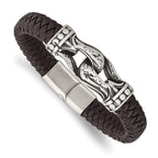Stainless Steel Antiqued and Polished Dark Brown Braided Faux Leather Bracelet for Men