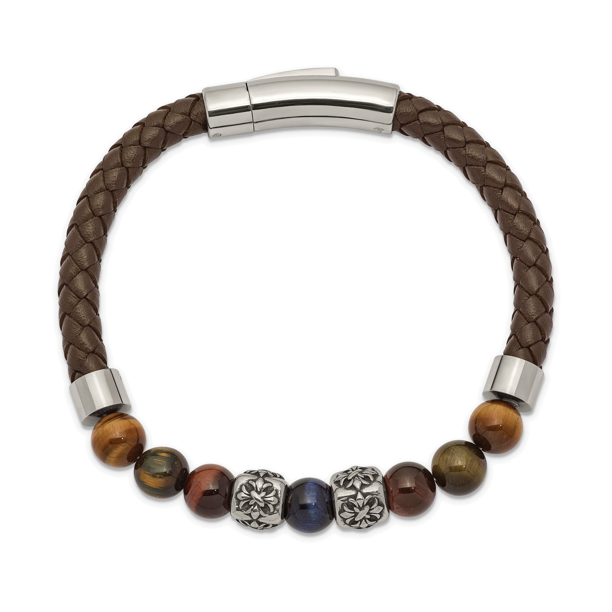 Stainless Steel Antiqued and Polished MultiColor Tiger's Eye Beads Brown Leather Bracelet for Men Secondary image