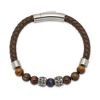 Stainless Steel Antiqued and Polished MultiColor Tiger's Eye Beads Brown Leather Bracelet for Men
