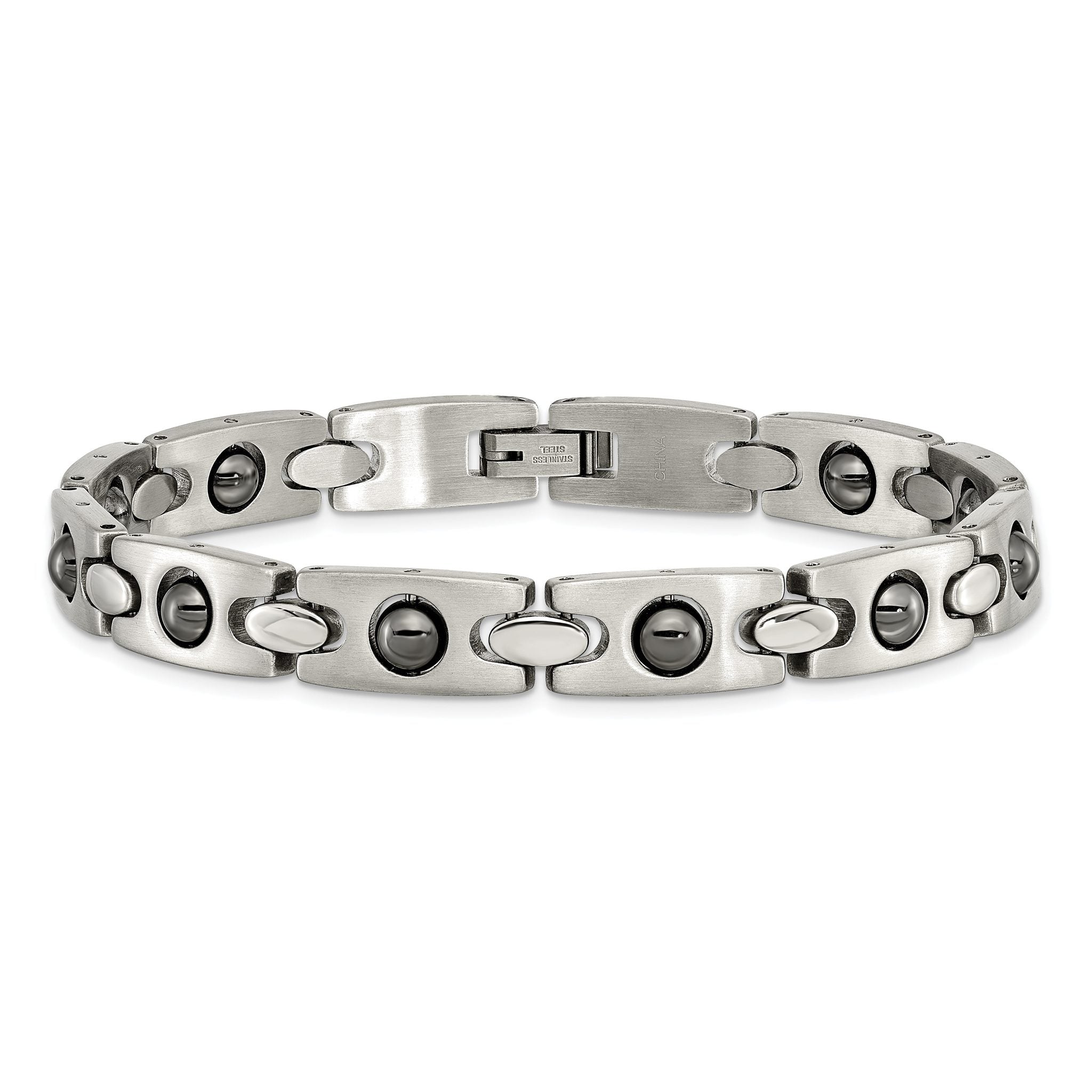 Stainless Steel Brushed and Polished with Magnetic Ball Accent Link Bracelet for Men
