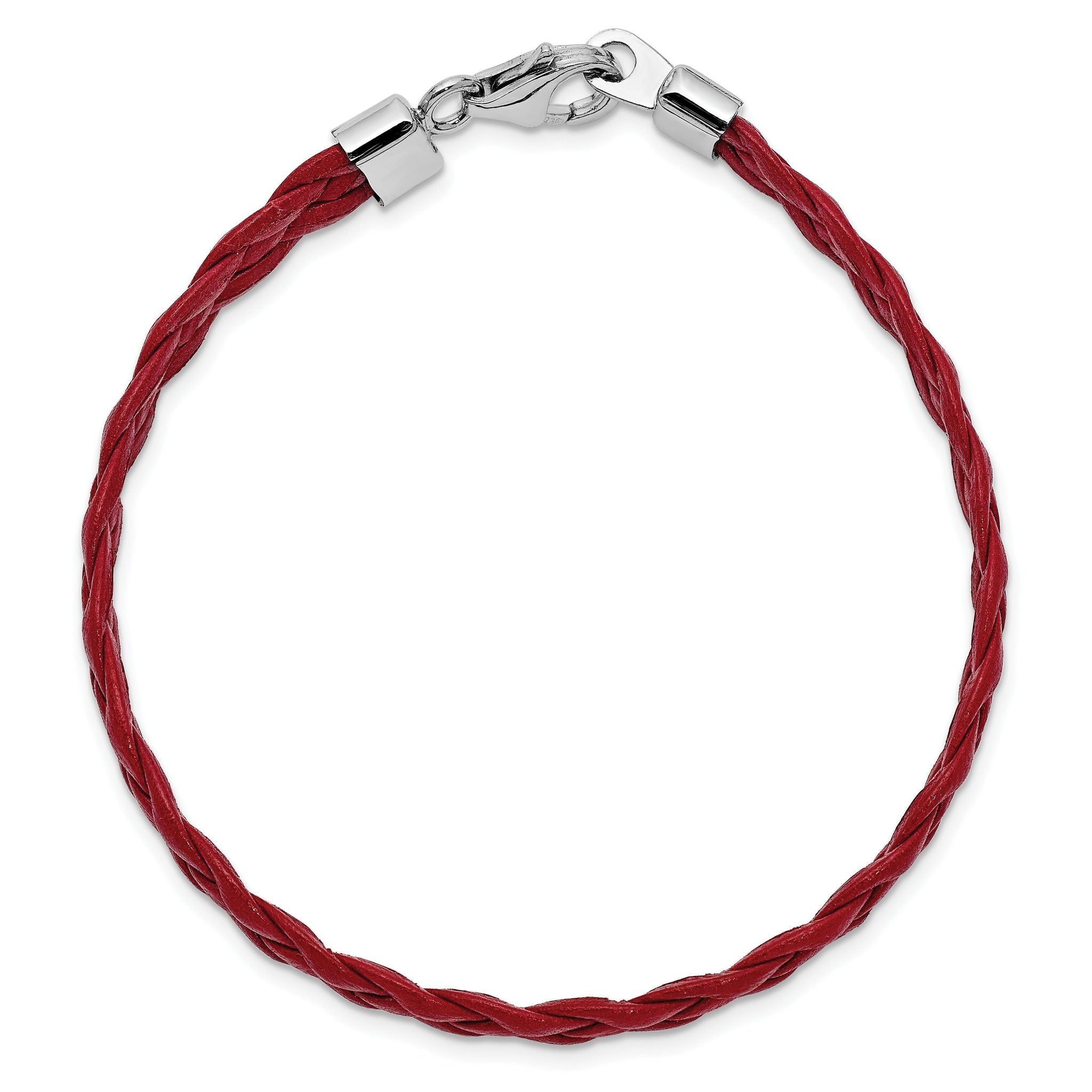Sterling Silver Rhodium Plated Red Braided Leather 7 inch Bracelet Secondary image