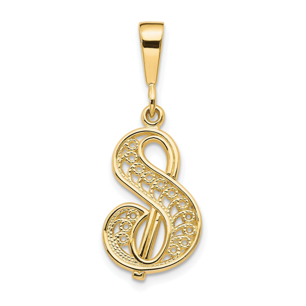 14K Gold Polished Script Filigree Letter S Pendant Elegant Statement Piece