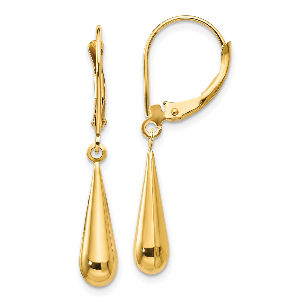 14K Gold Polished Teardrop Dangle Earrings with Leverback Closure